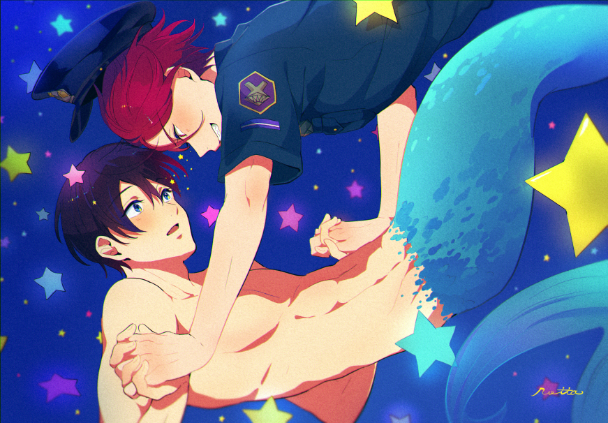 matsuoka rin, nanase haruka (free!), free!, commentary request, 2boys, black hair, blue background, blue eyes, hat, holding hands, male focus, merman, monster boy, multiple boys, open mouth, peaked cap, police, police hat, police uniform, red hair, shaaark rotta03, signature, star (symbol), toned, toned male, topless male, yaoi