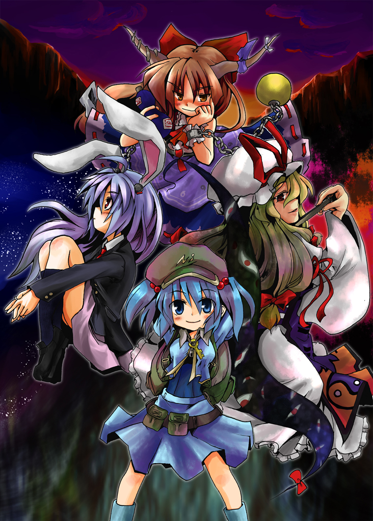 kotojima motoki, ibuki suika, kawashiro nitori, reisen udongein inaba, yakumo yukari, touhou, bad id, bad pixiv id, 4girls, animal ears, blonde hair, blue dress, blue eyes, blue hair, dress, extra eyes, female focus, flat cap, from side, hair bobbles, hair ornament, hat, horn ornament, horns, long hair, long sleeves, looking at viewer, mob cap, multiple girls, oni, orange hair, pocket, profile, rabbit ears, red eyes, sitting, twintails, two side up, very long hair