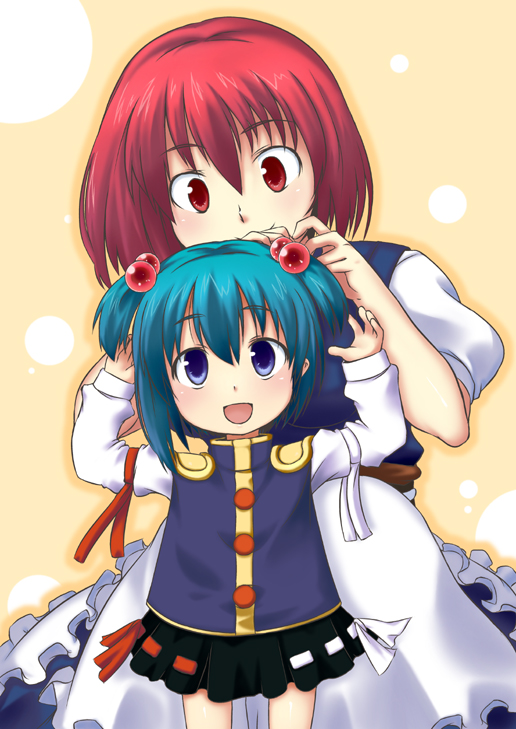 uro (urotanc), onozuka komachi, shiki eiki, touhou, 2girls, aged down, alternate hairstyle, child, female focus, green hair, hair bobbles, hair ornament, multiple girls, red hair, ribbon, short hair, skirt, standing, time paradox