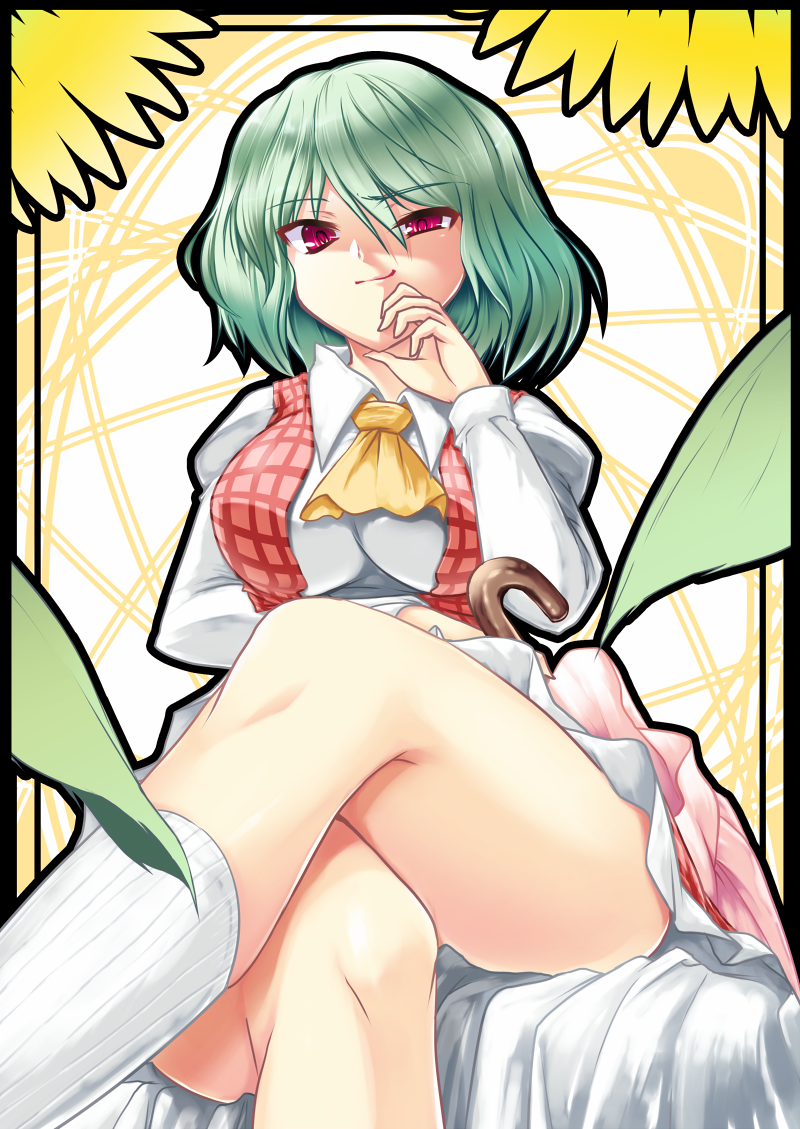 date hajime, kazami yuuka, touhou, 1girl, ascot, border, breasts, crossed legs, female focus, flower, foreshortening, from below, green hair, hand on own chin, large breasts, legs, plaid clothes, plaid skirt, plaid vest, red eyes, shaded face, short hair, sitting, skirt, skirt set, smirk, socks, solo, sunflower, vest