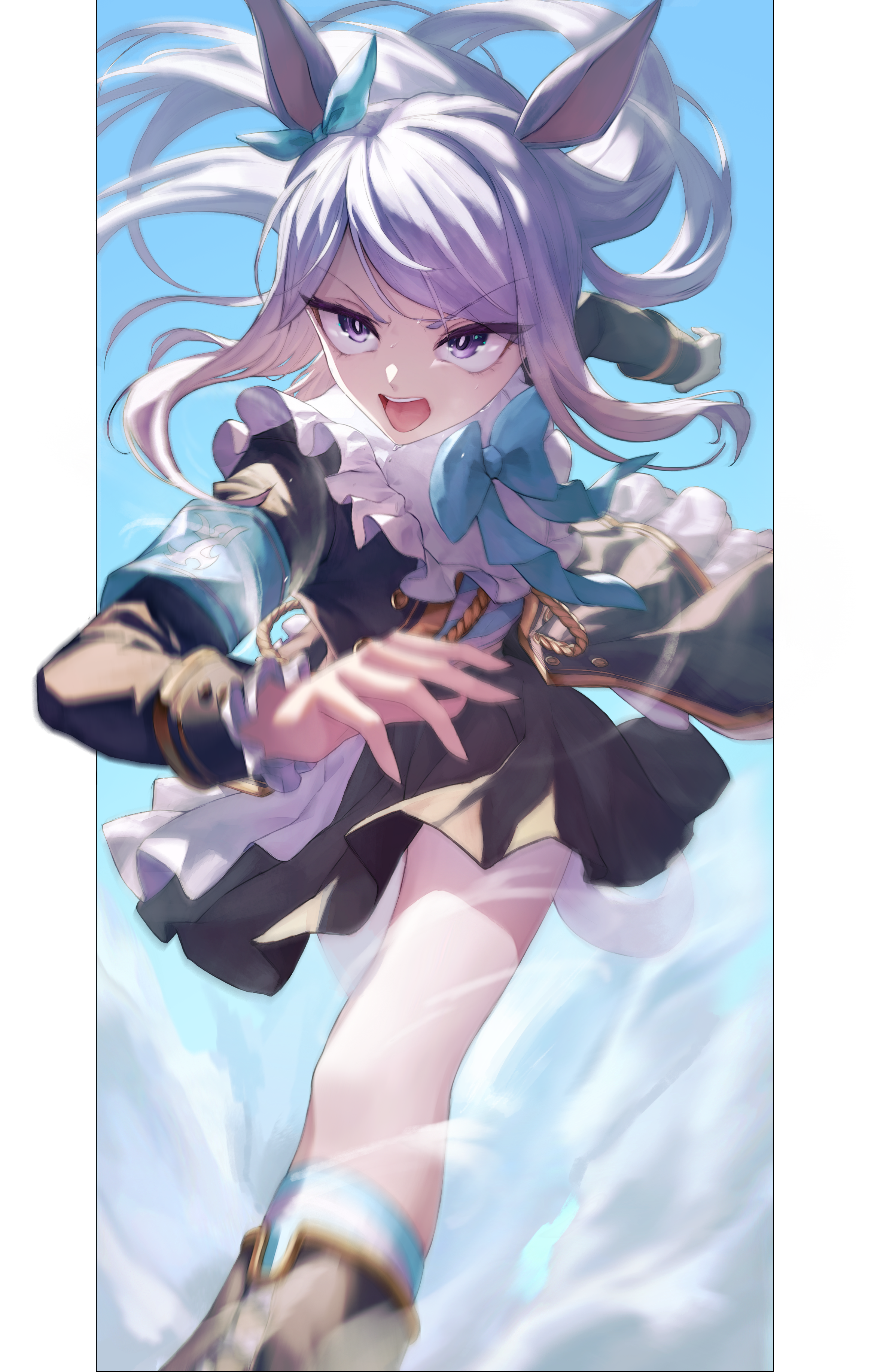 miwerjooggetser, mejiro mcqueen (frontline elegance) (umamusume), mejiro mcqueen (umamusume), umamusume, absurdres, highres, 1girl, animal ears, day, dress, horse ears, horse girl, horse tail, open mouth, outdoors, purple eyes, purple hair, running, solo, sweat, tail