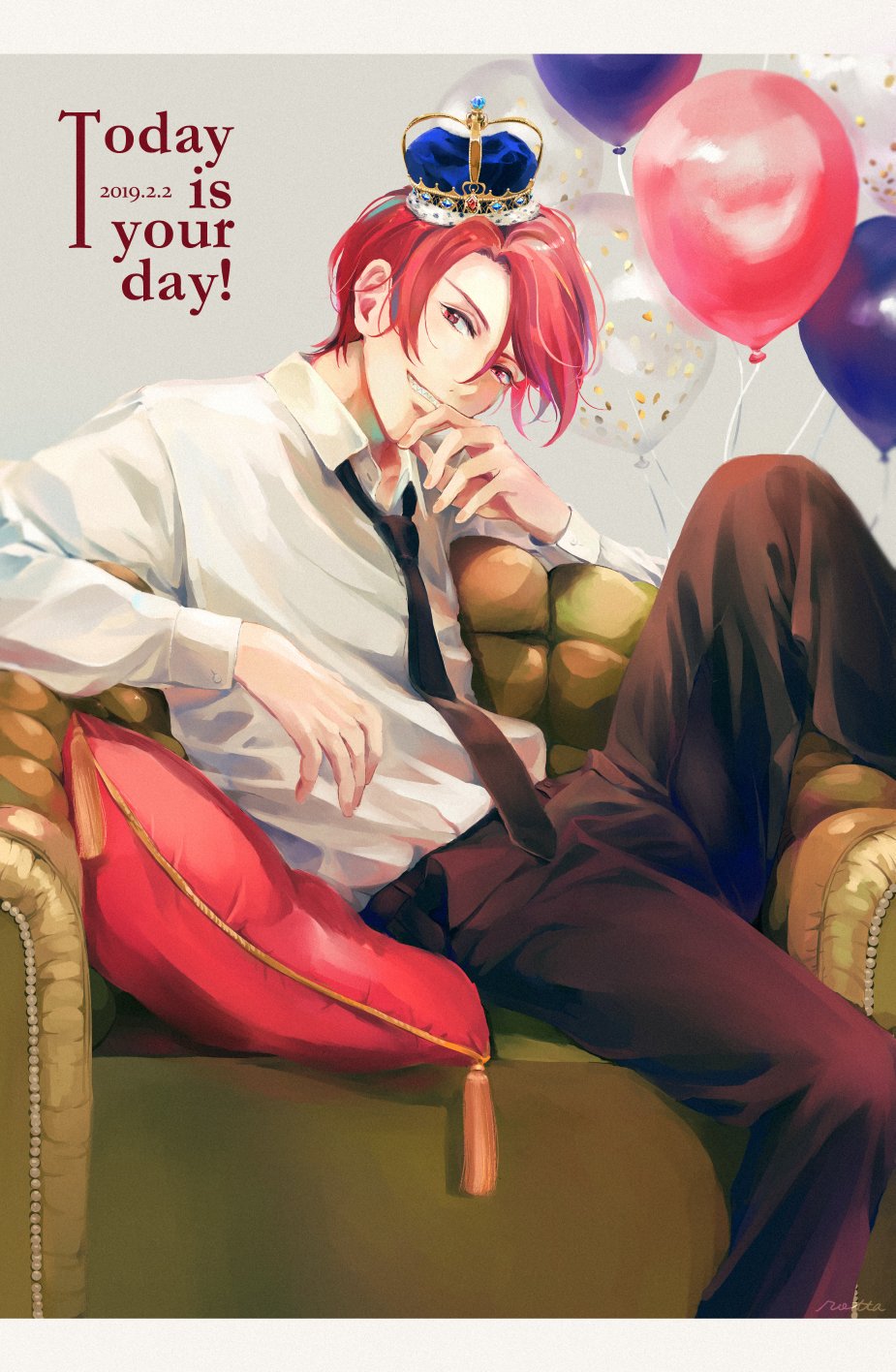 matsuoka rin, free!, commentary request, highres, 1boy, arched crown, balloon, black necktie, black pants, collared shirt, crown, dated, english text, grin, male focus, necktie, pants, pillow, red eyes, red hair, shaaark rotta03, sharp teeth, shirt, sitting, smile, solo, teeth, white shirt