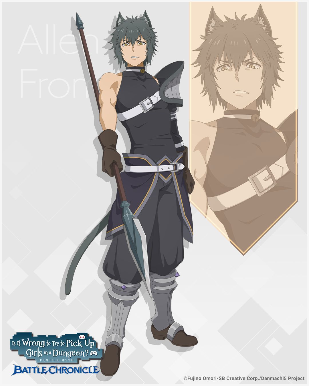 danmachi battle chronicle, dungeon ni deai wo motomeru no wa machigatteiru darou ka, commentary, english commentary, highres, official art, second-party source, 1boy, allen fromel, animal ears, anime coloring, armor, armored boots, belt, black hair, black pants, black shirt, boots, brown gloves, cat boy, cat ears, cat tail, character name, clenched teeth, copyright name, copyright notice, full body, gloves, holding, holding polearm, holding weapon, looking at viewer, male focus, pants, pants tucked in, pauldrons, polearm, puffy pants, scowl, shirt, short hair, shoulder armor, single bare shoulder, single pauldron, single sleeve, solo, spear, standing, tail, teeth, weapon, white belt, yellow eyes