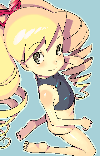 hijiri rei, luna platz (mega man), mega man (series), mega man star force, lowres, ass, barefoot, black panties, blonde hair, child, covered erect nipples, drill hair, feet, flat chest, green eyes, kneeling, looking back, lowleg, lowleg panties, oekaki, panties, smile, twintails, underwear