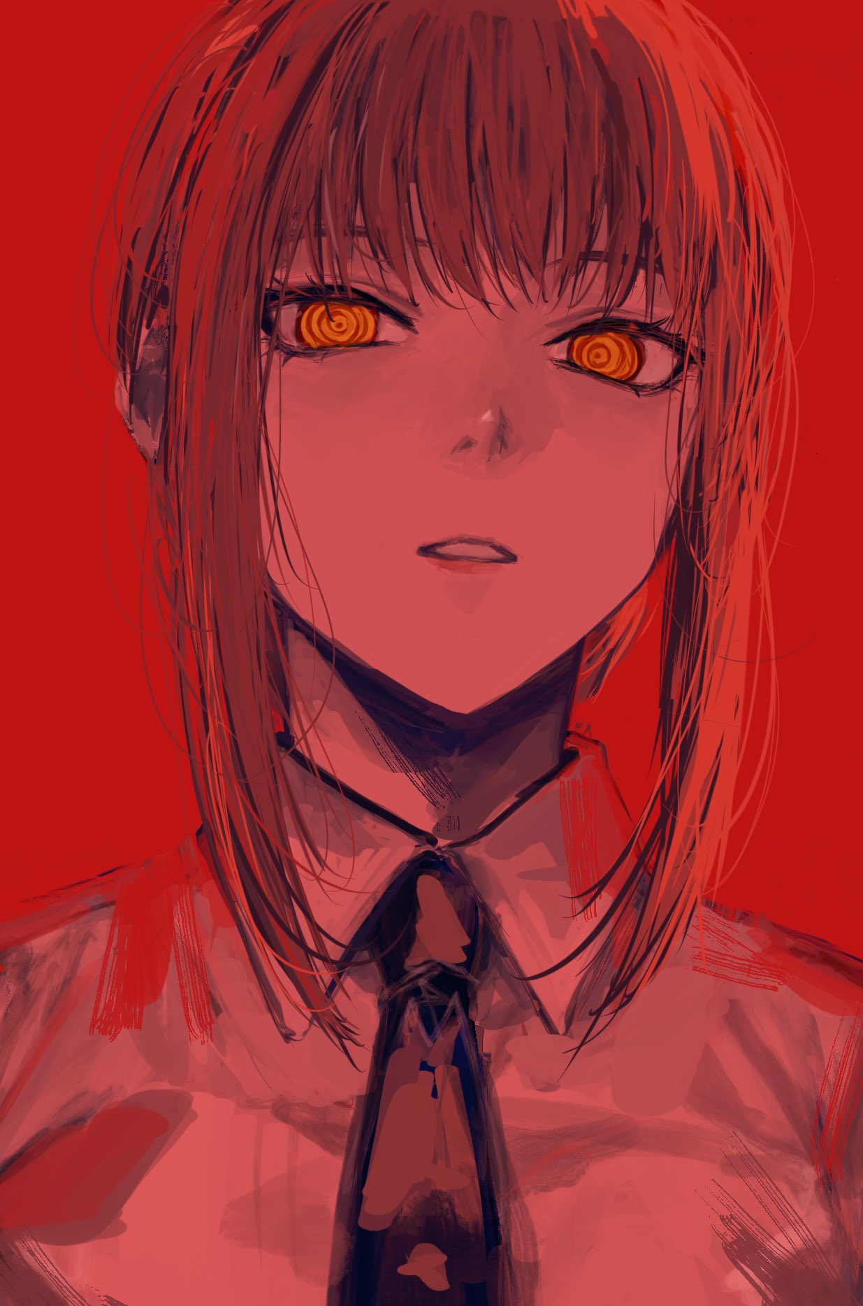 raberu ruru, makima (chainsaw man), chainsaw man, highres, 1girl, @ @, black necktie, high collar, looking at viewer, medium hair, necktie, parted lips, portrait, red background, red hair, shirt, simple background, solo, teeth, white shirt, yellow eyes