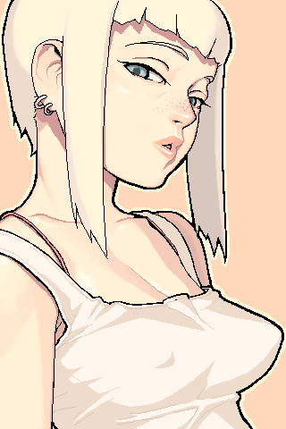hijiri rei, original, lowres, 1girl, blonde hair, blue eyes, breasts, covered erect nipples, earrings, female focus, freckles, jewelry, lips, medium breasts, oekaki, orange background, simple background, solo
