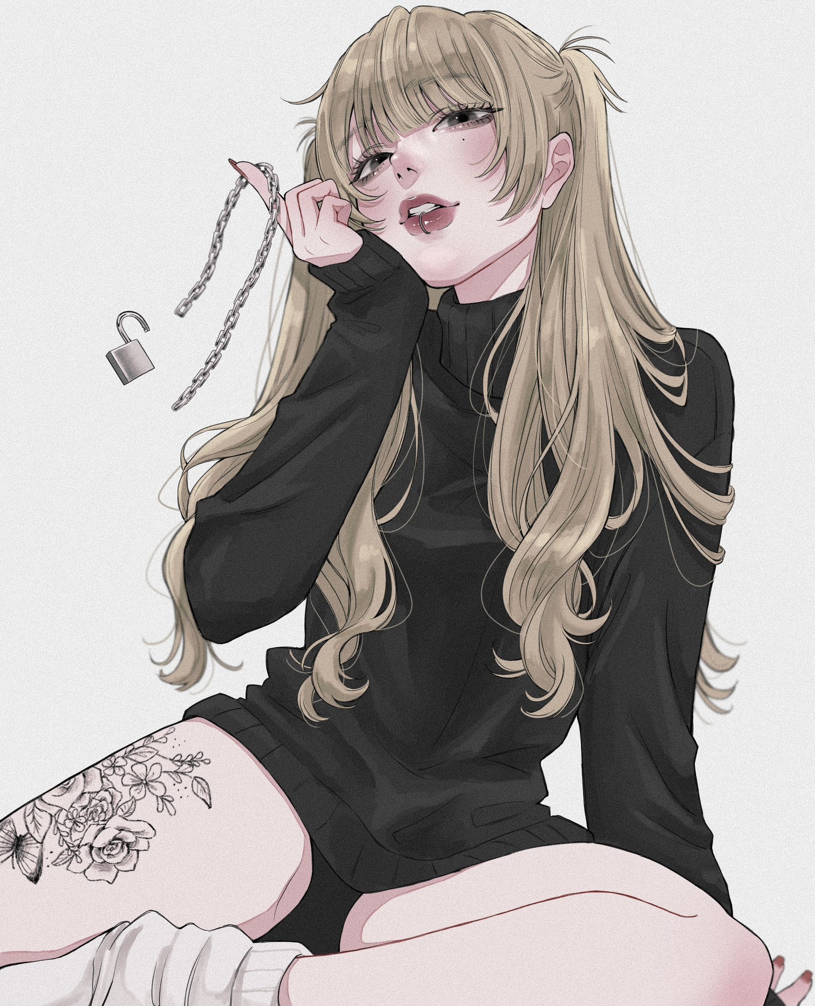tamori (tamori www), original, highres, 1girl, aegyo sal, black sweater, blonde hair, blunt bangs, blurry, boyshort panties, brown eyes, chain, curled fingers, depth of field, face piercing, film grain, grey background, hair over breasts, hair over shoulder, hand on floor, hand on own chin, leg tattoo, lip piercing, lip ring, lock, long hair, looking at viewer, looking down, loose socks, mole, mole under eye, nail polish, padlock, parted lips, piercing, red nails, sitting, sleeves past wrists, socks, sweater, tattoo, teeth, thick lips, turtleneck, turtleneck sweater, two side up, wavy ends, white socks