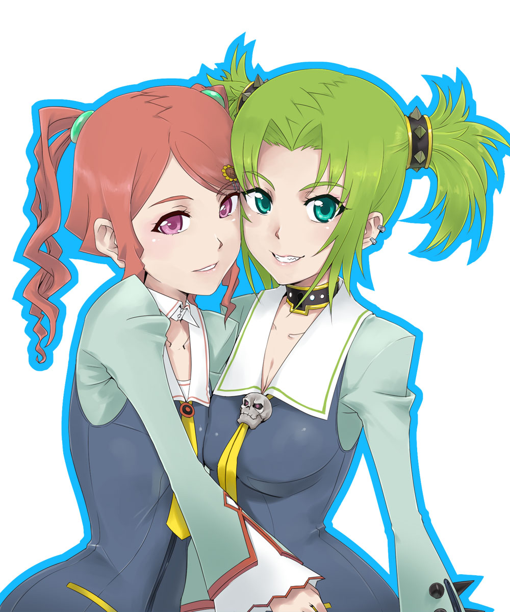 scotch (blaze), droite (tales), gauche (tales), tales of (series), tales of vesperia, bad id, bad pixiv id, highres, 00s, 2girls, choker, earrings, green eyes, green hair, hug, jewelry, multiple girls, pink eyes, red hair, short twintails, smile, twintails, yuri