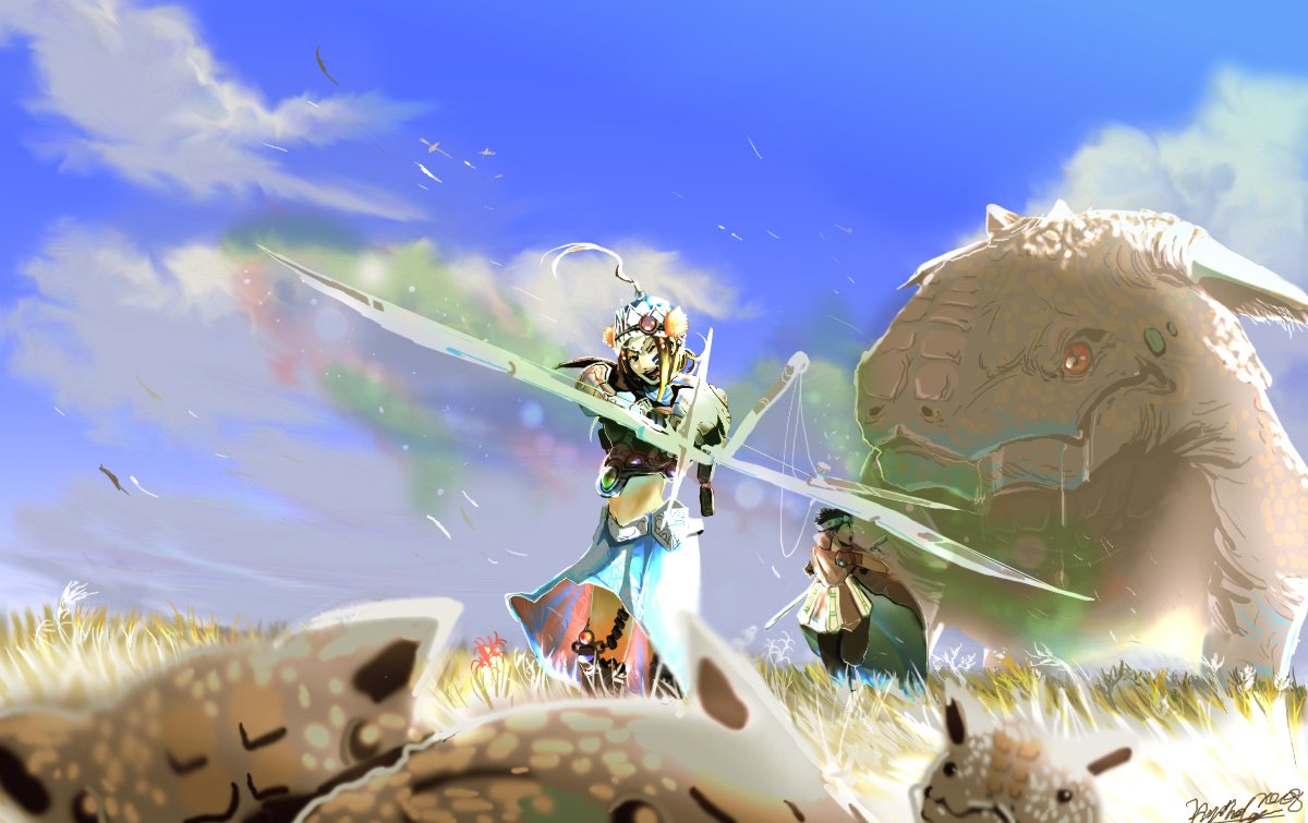 kyan-dog, 1boy, 1girl, bow (weapon), cloud, day, field, hunting, monster, sky, weapon, you gonna get raped