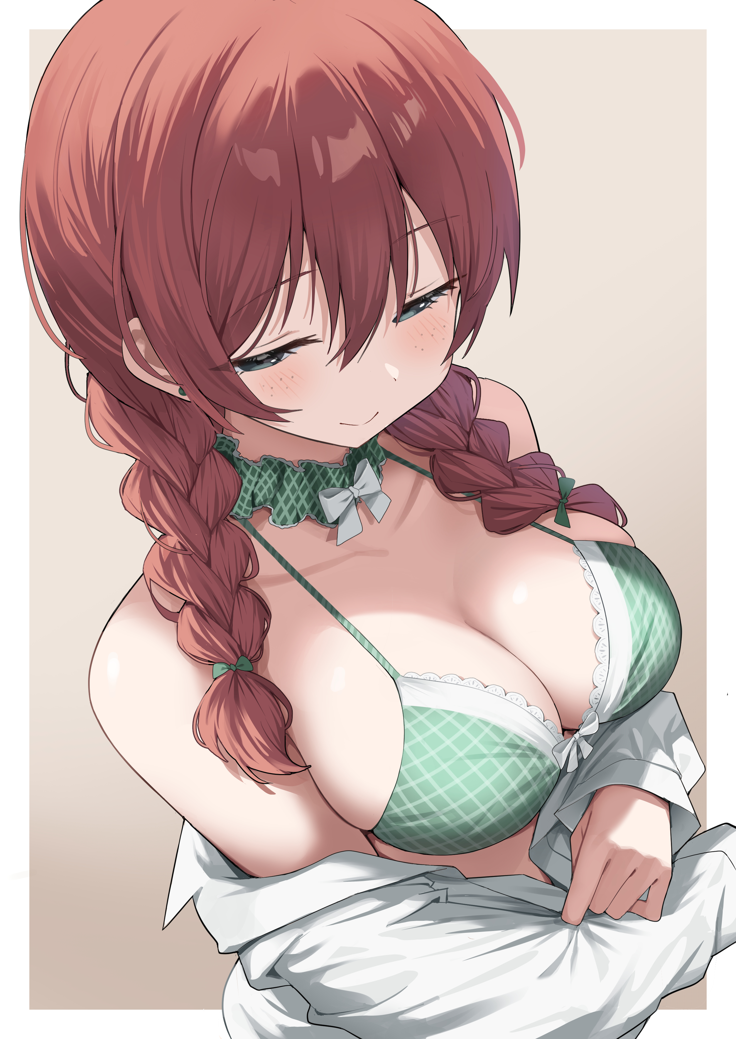 yuu (shampoohatslime), emma verde, love live!, love live! nijigasaki high school idol club, absurdres, commentary request, highres, bare shoulders, bikini, blush, border, braid, breasts, closed mouth, from above, green bikini, half-closed eyes, large breasts, long sleeves, low twin braids, outside border, partially undressed, red hair, shirt, skindentation, smile, swimsuit, twin braids, undressing, white border, white shirt