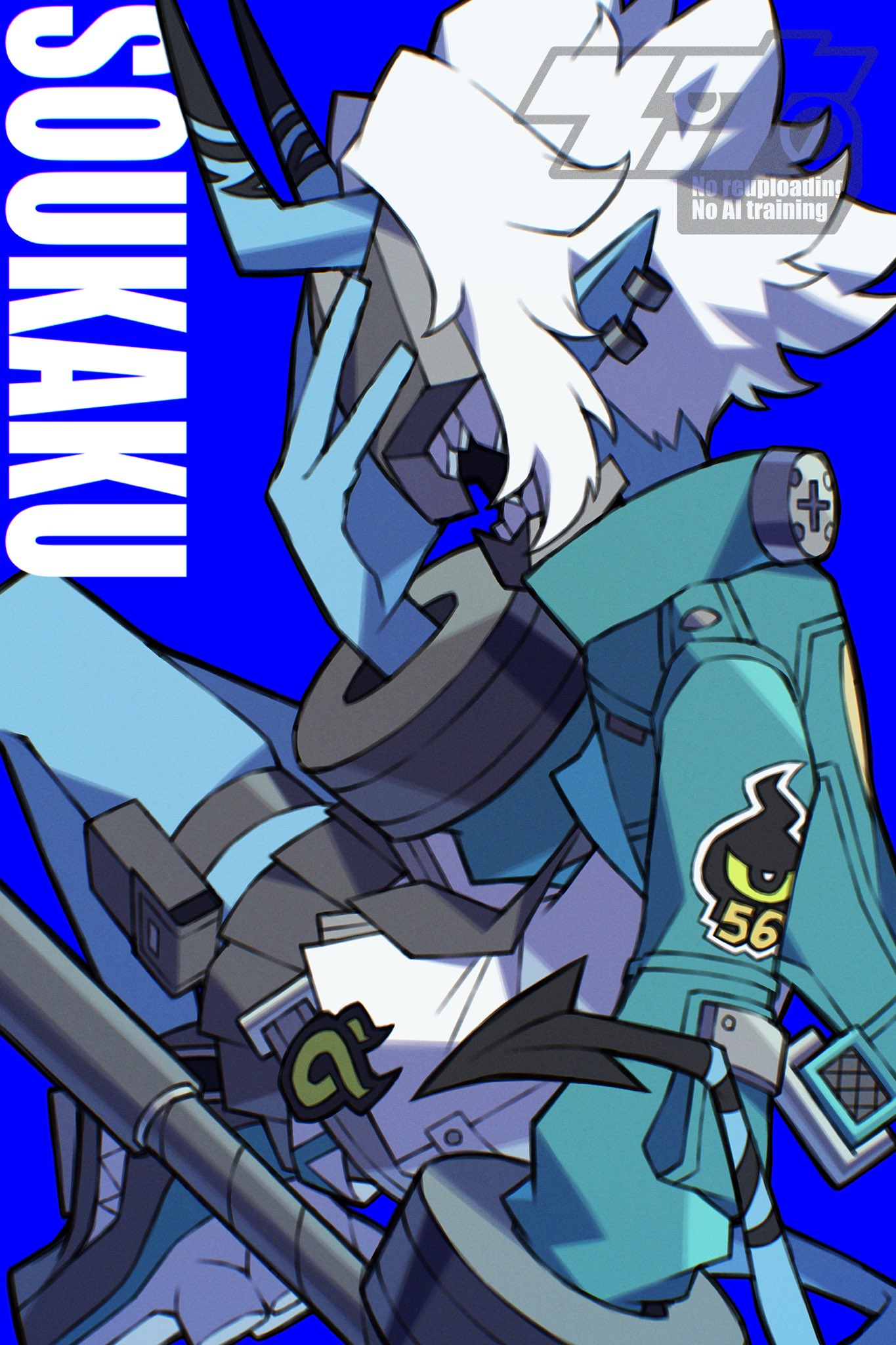zito (zito222), soukaku (zenless zone zero), zenless zone zero, highres, 1girl, aqua jacket, black necktie, blue background, blue horns, blue oni, blue skin, blue tail, character name, colored skin, cuffs, earrings, hair between horns, hand on mask, holding, holding weapon, horns, jacket, jewelry, mask, multicolored horns, necktie, oni, screw, shirt, skin-covered horns, solo, thigh strap, two-tone horns, two-tone tail, weapon, white hair, white shirt