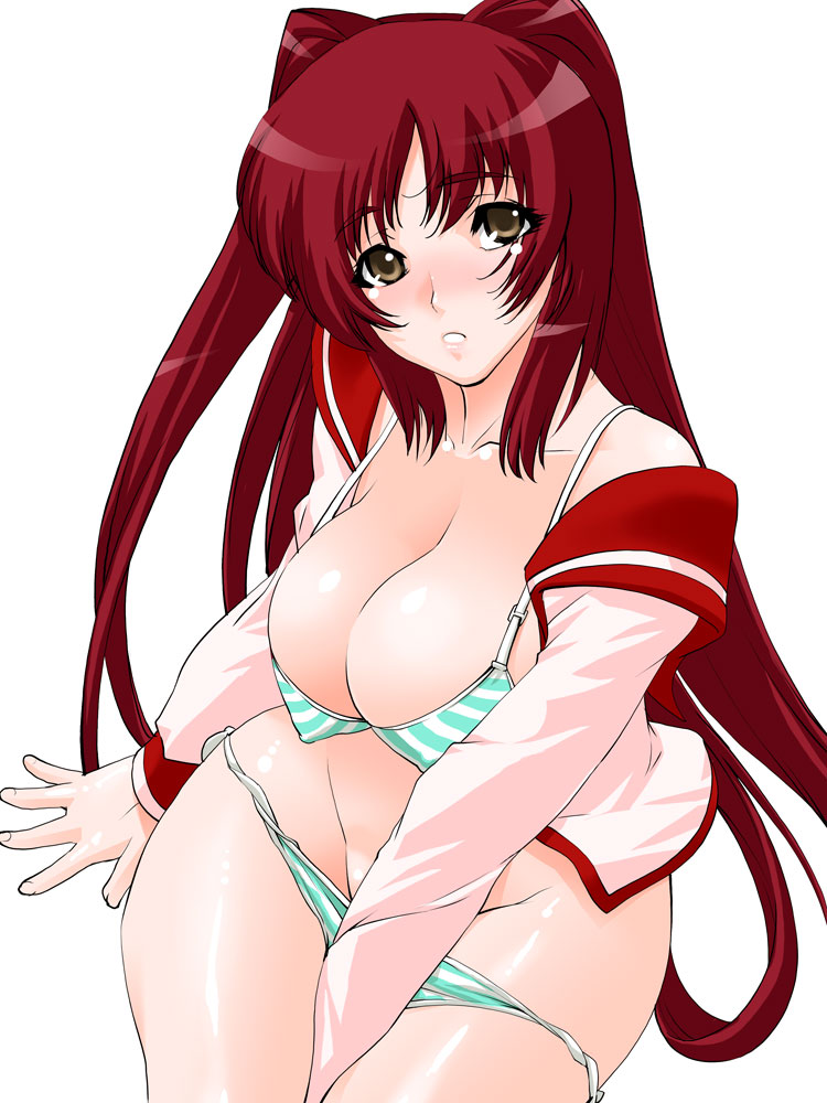 shinama, kousaka tamaki, to heart (series), to heart 2, 00s, 1girl, blush, bra, breasts, brown eyes, cleavage, female focus, groin, large breasts, lingerie, long hair, panties, red hair, simple background, solo, striped bra, striped clothes, striped panties, underwear, very long hair, white background