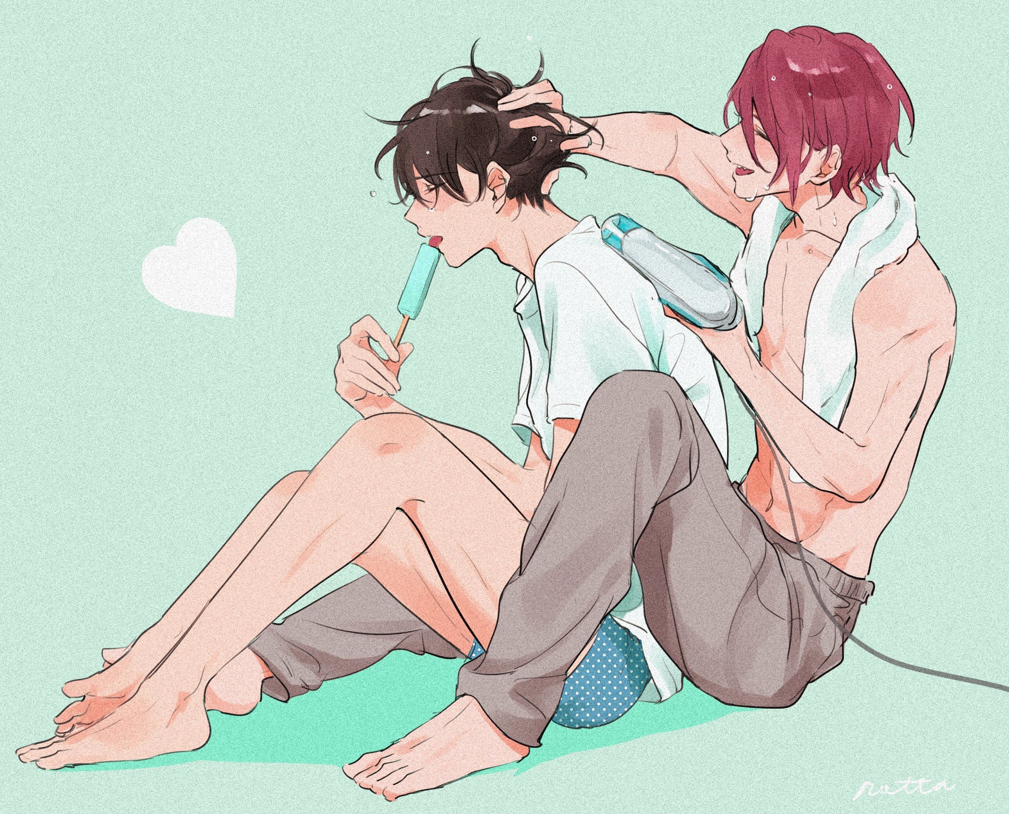 matsuoka rin, nanase haruka (free!), free!, commentary request, highres, 2boys, barefoot, blue background, candy, drying, drying another's hair, drying hair, food, grey pants, hair dryer, heart, holding, holding candy, holding food, holding lollipop, lollipop, male focus, messy hair, multiple boys, pants, red hair, shaaark rotta03, shirt, short hair, sitting, topless male, towel, towel around neck, white shirt