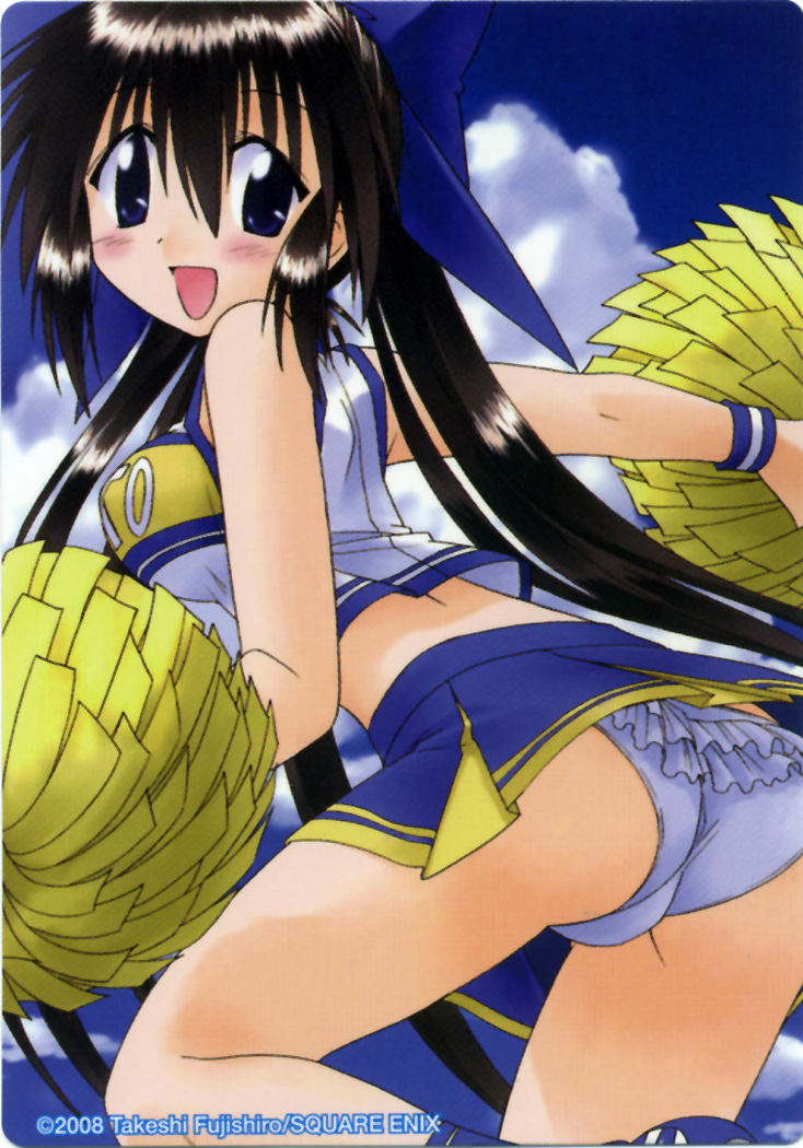 fujishiro takeshi, suzu (nagasarete airantou), nagasarete airantou, scan, 00s, ass, black hair, blue eyes, blush, cheerleader, frilled panties, frills, long hair, panties, pantyshot, pom pom (cheerleading), ponytail, solo, underwear, upskirt