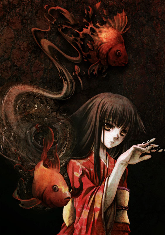 araki maki, original, 1girl, black hair, brown eyes, female focus, fish, goldfish, japanese clothes, kimono, long hair, ripples, solo