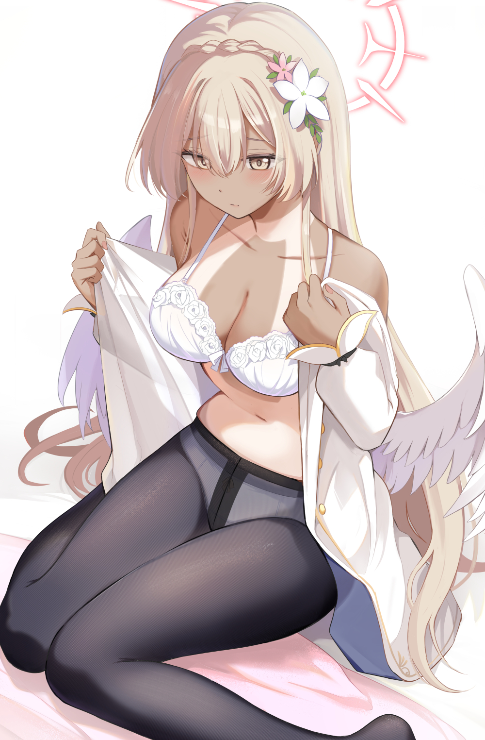konka, nagisa (blue archive), blue archive, highres, 1girl, bare shoulders, black pantyhose, breasts, brown hair, cleavage, closed mouth, feathered wings, flower, hair flower, hair ornament, large breasts, low wings, navel, no pants, open clothes, open shirt, pantyhose, shirt, simple background, solo, stomach, white background, white flower, white shirt, white wings, wings, yellow eyes