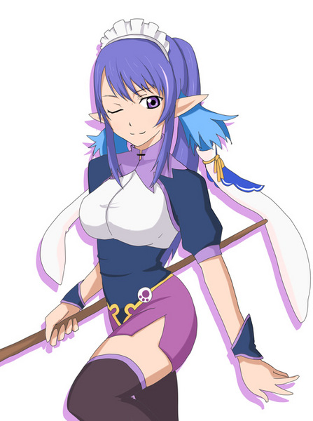 sippori, judith (tales), tales of (series), tales of vesperia, resized, 1girl, blue hair, breasts, large breasts, maid, miniskirt, pixiv thumbnail, pointy ears, skirt, smile, thighhighs, wink