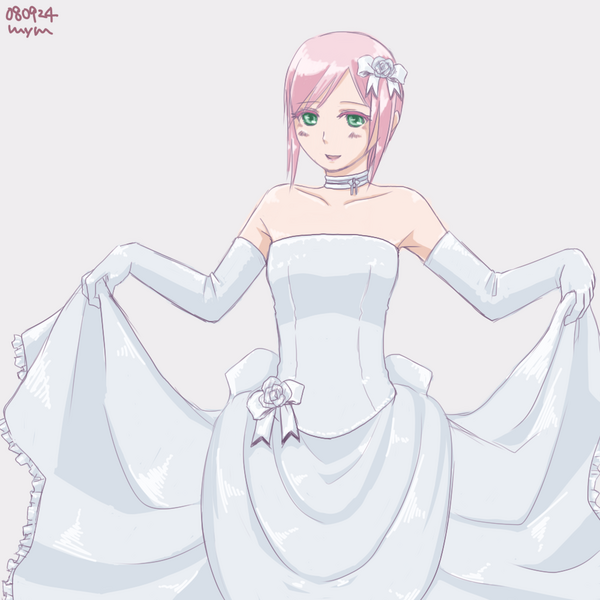 miyama/ccask, estellise sidos heurassein, tales of (series), tales of vesperia, resized, 1girl, alternate costume, bare shoulders, choker, curtsey, dress, elbow gloves, gloves, green eyes, pink hair, pixiv thumbnail, short hair, smile, solo, strapless, strapless dress, wedding dress