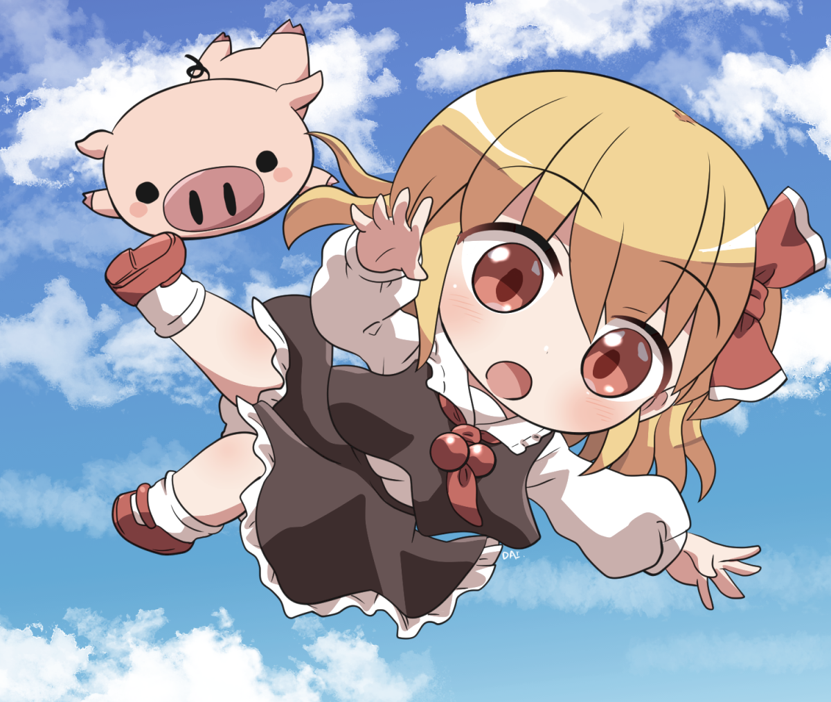 rokugou daisuke, rumia, touhou, commentary, 1girl, ascot, black skirt, black vest, blonde hair, blue sky, blush, chibi, chibi only, cloud, collared shirt, day, falling, frilled skirt, frills, full body, hair ribbon, long sleeves, open mouth, outdoors, pig, red ascot, red eyes, red ribbon, red shoes, ribbon, shirt, shoes, short hair, signature, skirt, skirt set, sky, socks, solo, vest, white shirt, white socks