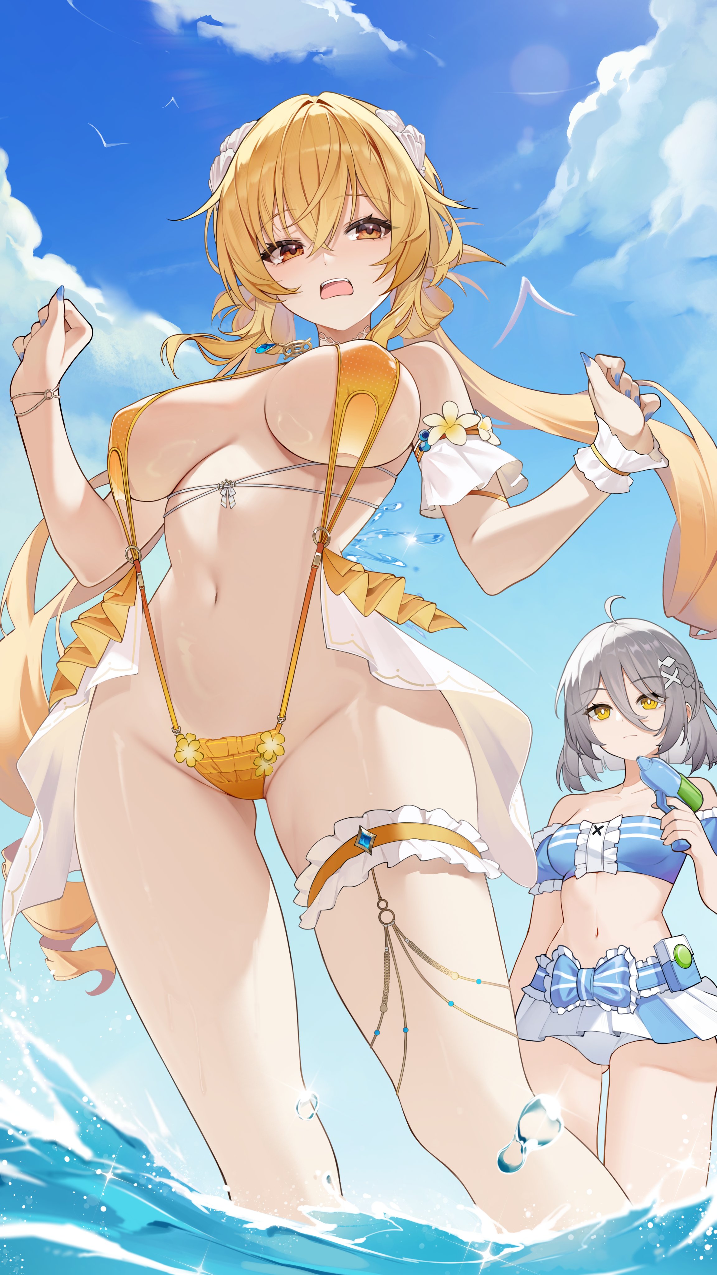 chukibabo2, acacia (snowbreak), fenny golden, snowbreak: containment zone, absurdres, commentary request, highres, 2girls, ahoge, arm garter, bare shoulders, bikini, bikini skirt, blonde hair, blue bikini, blue nails, breasts, day, detached sleeves, frilled thigh strap, grey hair, hair between eyes, hair ornament, hands up, holding, holding water gun, large breasts, long hair, looking at viewer, low twintails, multiple girls, nail polish, navel, official alternate costume, open mouth, orange eyes, outdoors, slingshot swimsuit, small breasts, stomach, swimsuit, thigh strap, thighs, twintails, very long hair, wading, water gun, yellow eyes, yellow slingshot swimsuit