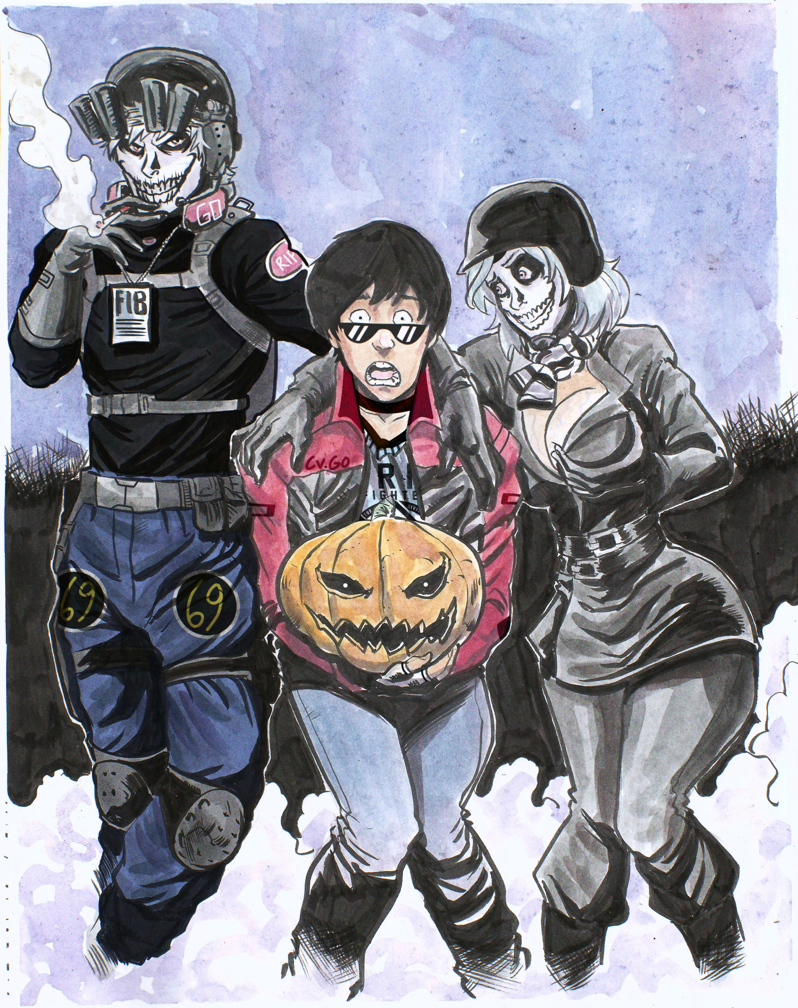chris hollway (blood rivals), blood rivals, crossover, halloween, hella stalin, kalinocs, killer hunts killer, red colter, skull, tactical clothes