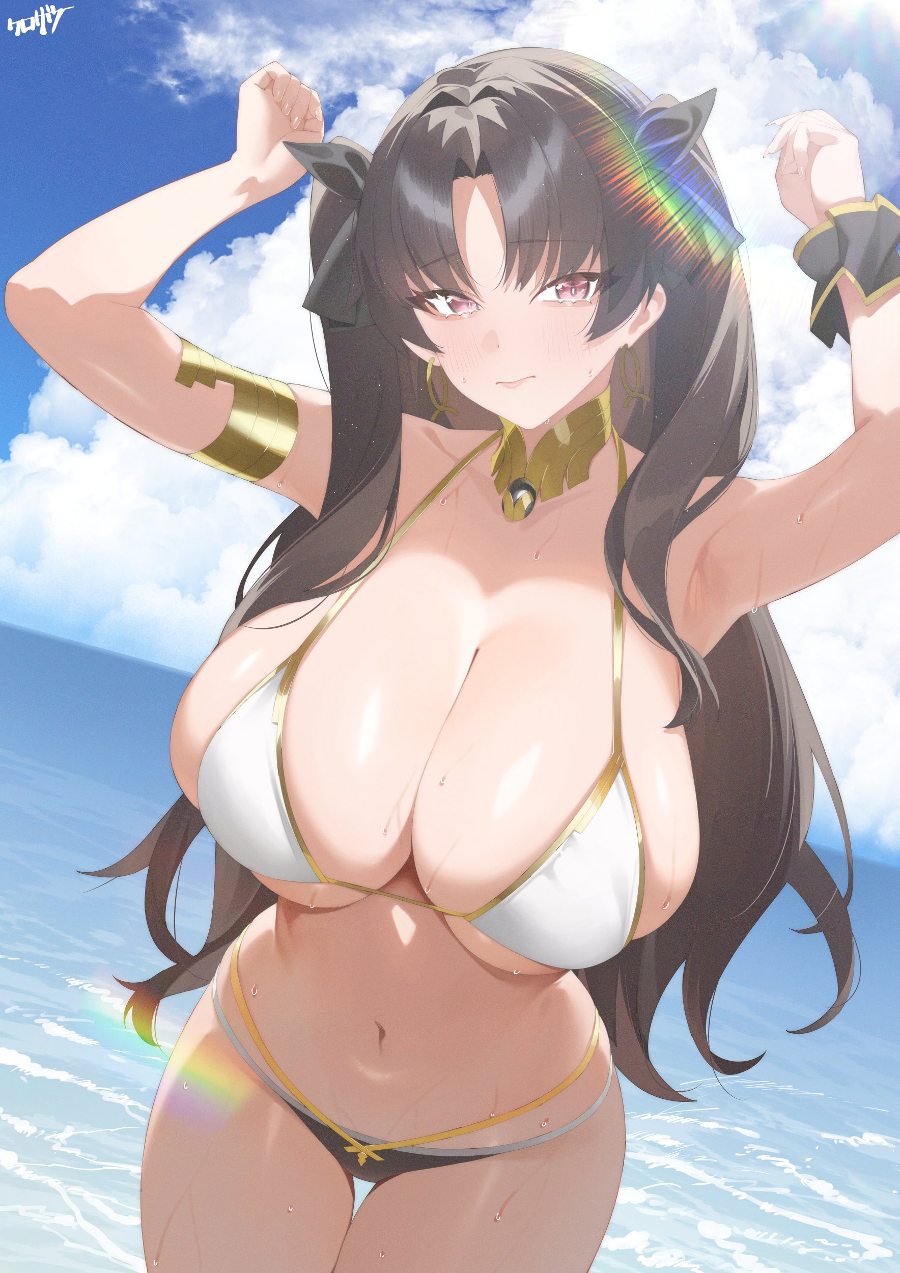 kurozawa yui, ishtar (fate), fate/grand order, fate (series), absurdres, highres, 1girl, armlet, arms up, bare shoulders, black hair, blush, breasts, cleavage, closed mouth, day, huge breasts, jewelry, long hair, looking at viewer, navel, ocean, outdoors, parted bangs, pink eyes, stomach, thighs, twintails, underboob, water