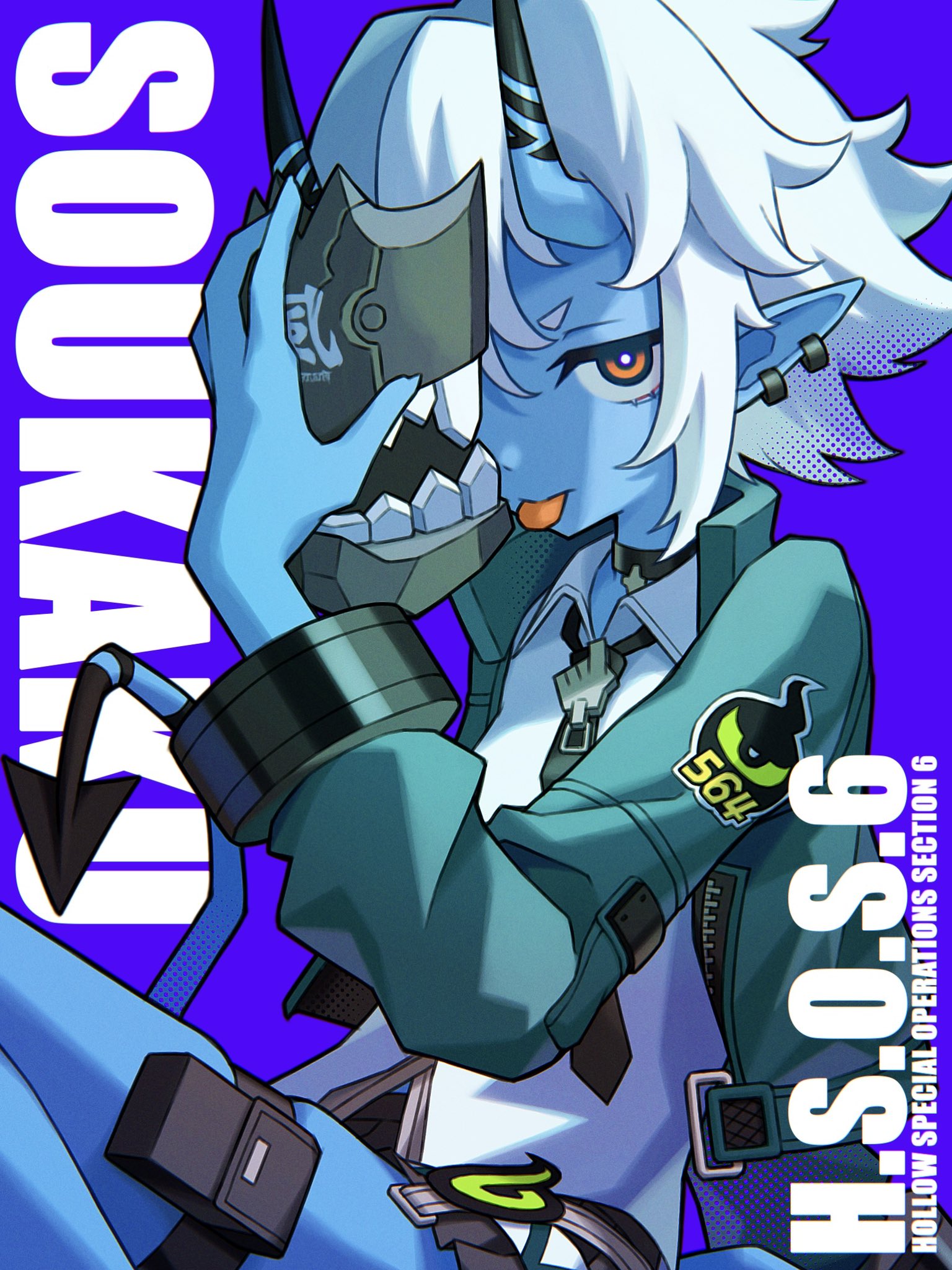 zito (zito222), soukaku (zenless zone zero), zenless zone zero, highres, 1girl, aqua jacket, black necktie, black skirt, blue background, blue horns, blue oni, blue skin, blue tail, bright pupils, collar, colored skin, cuffs, earrings, hair between horns, hand on mask, horns, jacket, jewelry, looking at viewer, mask, multicolored horns, necktie, oni, pointy ears, red eyes, shirt, skin-covered horns, skirt, solo, thigh strap, tongue, tongue out, two-tone horns, two-tone tail, white hair, white pupils, white shirt