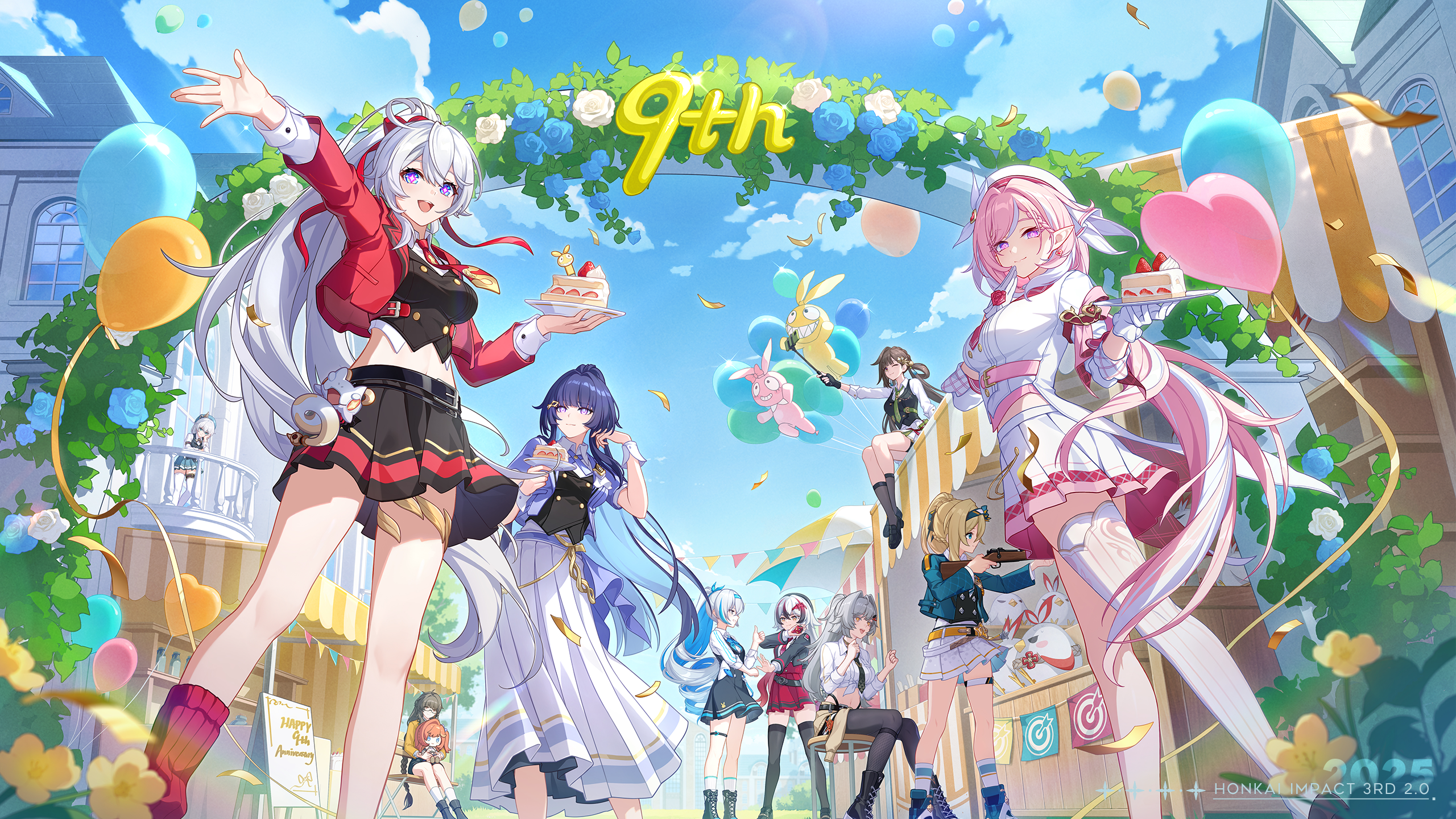 bronya zaychik, bronya zaychik (herrscher of truth), coralie 6626 planck, durandal (honkai impact), durandal (reign solaris) (honkai impact), elysia (hi love elf) (honkai impact), elysia (honkai impact), entropy (honkai impact 3rd), erdos helia, female dreamseeker (honkai impact), homei (honkai impact), homu (honkai impact), jingwei (bird), kiana kaslana, kiana kaslana (herrscher of finality), leylah (honkai impact), li sushang, raiden mei, raiden mei (herrscher of origin), senadina, theresa apocalypse, honkai (series), honkai impact 3rd, highres, official art, 6+girls, anniversary, black boots, black hair, black shoes, black skirt, black socks, black thighhighs, blue hair, blue sky, boots, cake, closed mouth, cloud, day, food, gloves, grey hair, jacket, knee boots, kneehighs, long hair, long skirt, long sleeves, midriff, multicolored hair, multiple girls, navel, official alternate costume, open clothes, open jacket, open mouth, pink eyes, pink hair, pointy ears, ponytail, red socks, shoes, single thighhigh, sitting, skirt, sky, smile, socks, streaked hair, symbol-shaped pupils, thighhighs, very long hair, white gloves, white hair, white skirt, white socks, white thighhighs