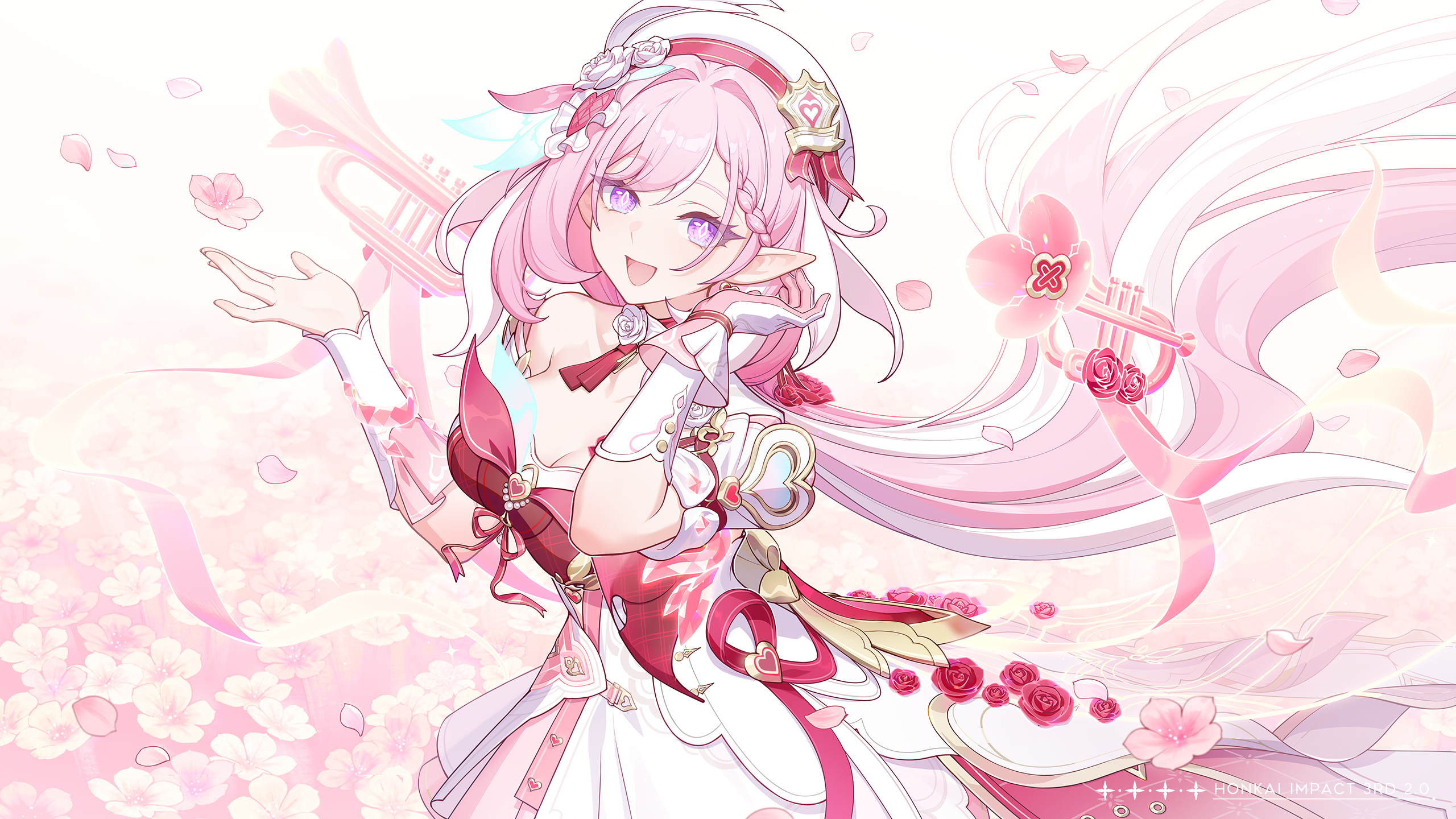 elysia (hi love elf) (honkai impact), elysia (honkai impact), honkai (series), honkai impact 3rd, highres, official art, 1girl, breasts, diamond-shaped pupils, diamond (shape), dress, elf, flower, gloves, hair ornament, hat, hat ornament, long hair, looking at viewer, multicolored hair, open mouth, petals, pink gloves, pink hair, pointy ears, purple eyes, red ribbon, ribbon, single glove, smile, solo, symbol-shaped pupils, two-tone gloves, two-tone hair, white gloves, white hair