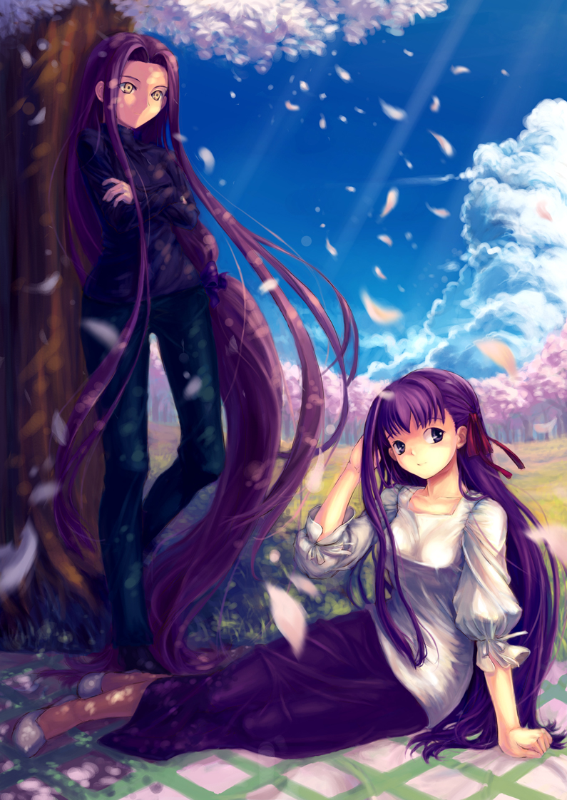 kishiyo, woaideyao, matou sakura, medusa (fate), medusa (rider) (fate), fate/stay night, fate (series), bad id, bad pixiv id, 00s, 2girls, absurdly long hair, cherry blossoms, cloud, crossed arms, day, hair ribbon, long hair, multiple girls, nature, purple eyes, purple hair, ribbon, sky, very long hair, wind, yellow eyes