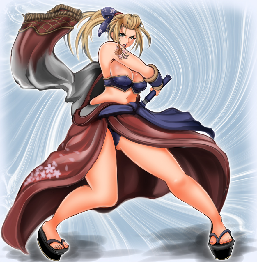 1041 (toshikazu), setsuka, soul calibur, soulcalibur, soulcalibur iv, 1girl, blonde hair, breasts, cleavage, female focus, green eyes, japanese clothes, katana, large breasts, legs, long legs, panties, pantyshot, ponytail, sandals, sheath, sideboob, solo, sword, thick thighs, thighs, underwear, unsheathing, weapon