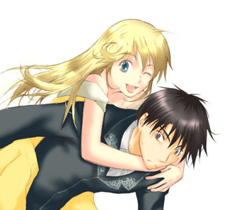 koma (pixiv), koma (pixiv340561), cleo everlastin, orphen, majutsushi orphen, bad id, bad pixiv id, lowres, 1boy, 1girl, black hair, blonde hair, hetero, hug, hug from behind, long hair, one eye closed, wink