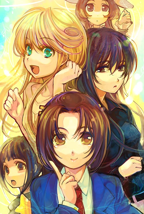 ame yamori, bonnie magee, cleo everlastin, constance magee, lathi curti, leticia maccready, majutsushi orphen, bad id, bad pixiv id, 5girls, black hair, blonde hair, brown eyes, brown hair, green eyes, hat, long hair, multiple girls, necktie, open mouth