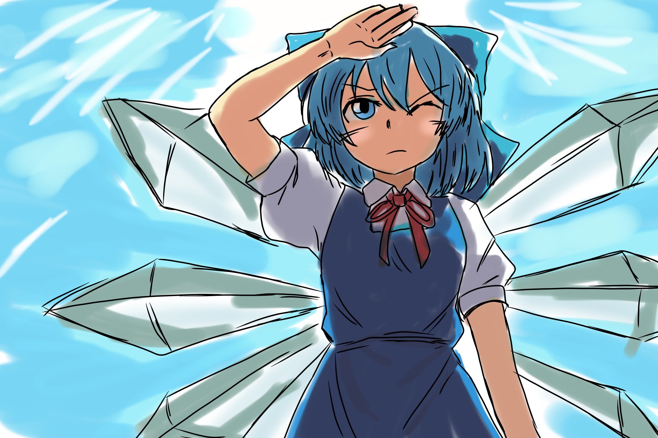 kametoyou, cirno, touhou, highres, 1girl, blue background, blue bow, blue dress, blue eyes, blue hair, bow, covering own eyes, day, dress, hair bow, ice, ice wings, one eye closed, puffy short sleeves, puffy sleeves, short hair, short sleeves, solo, wings