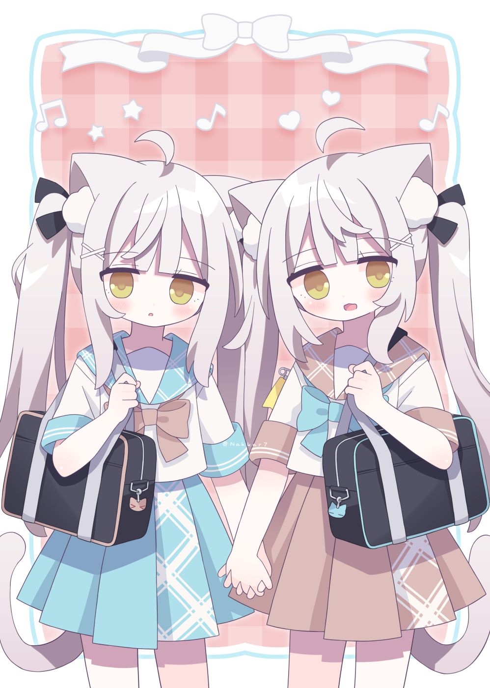 nakkar, original, commentary, english commentary, highres, 2girls, ahoge, animal ear fluff, animal ears, bag, black bag, blue bow, blue sailor collar, blue skirt, blush, bow, brown bow, brown sailor collar, brown skirt, cat ears, cat girl, cat tail, cowboy shot, green eyes, grey hair, hair ornament, holding hands, interlocked fingers, long hair, looking at viewer, miniskirt, multiple girls, musical note, open mouth, pleated skirt, sailor collar, sailor shirt, school bag, school uniform, serafuku, shirt, short sleeves, shoulder bag, siblings, skirt, star (symbol), tail, twins, twintails, white shirt, x hair ornament