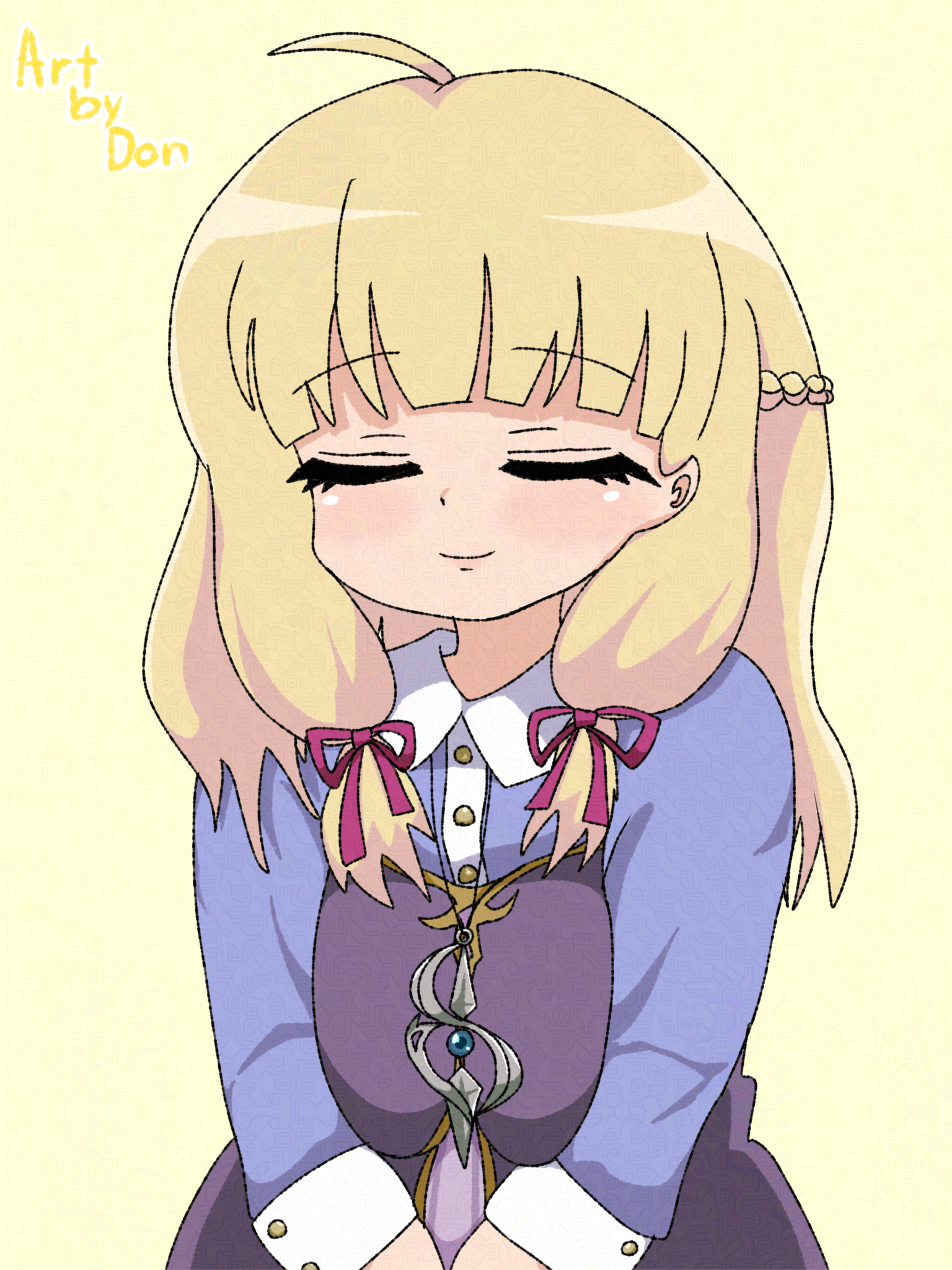 sonia (tales of crestoria), tales of (series), tales of crestoria, 1girl, ahoge, blonde hair, blue shirt, braid, breasts, closed eyes, closed mouth, dondayo086, green background, large breasts, purple vest, shirt, simple background, smile, solo, upper body, vest
