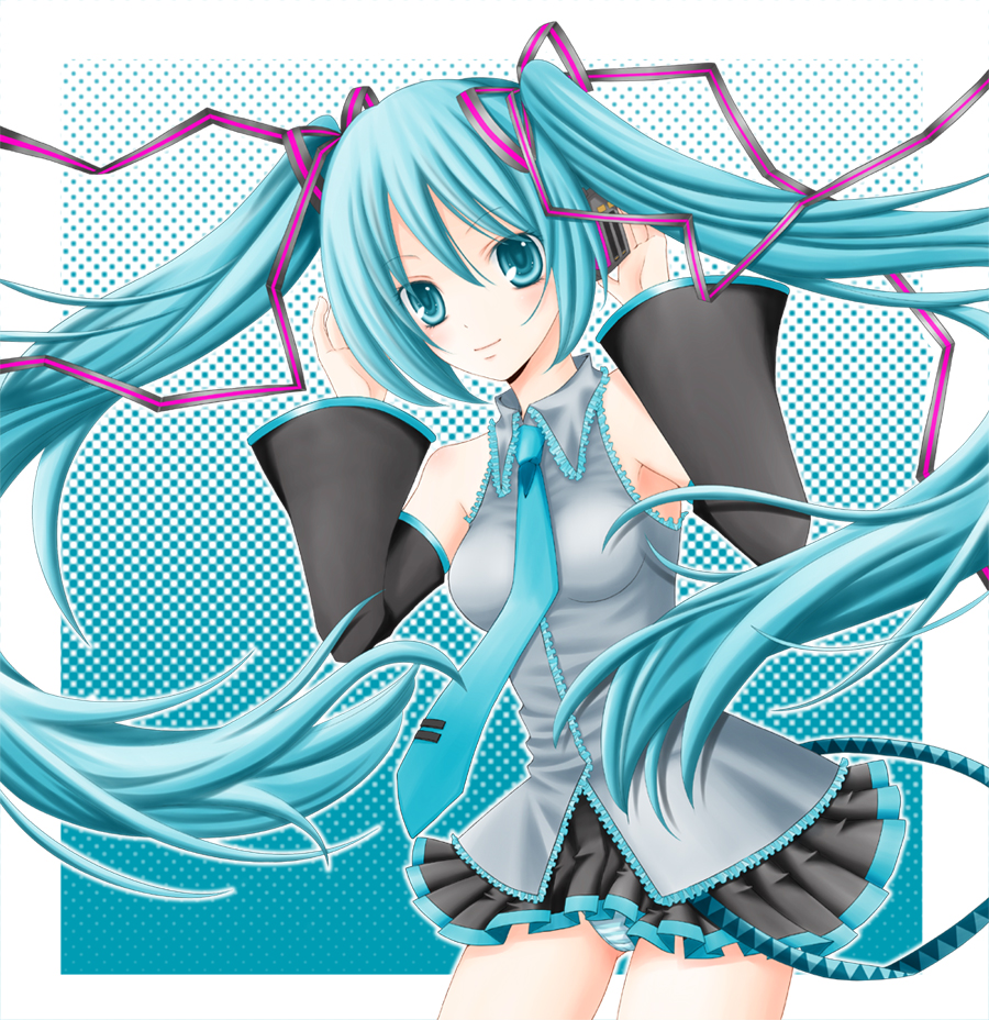 hiiragi kei, hatsune miku, vocaloid, bad id, bad pixiv id, aqua eyes, aqua hair, detached sleeves, long hair, necktie, panties, skirt, solo, striped clothes, striped panties, twintails, underwear