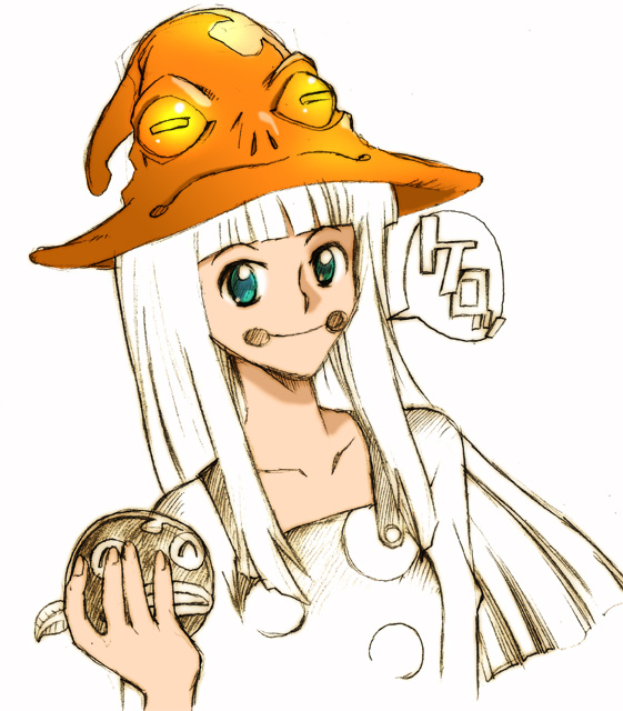 kikumaru bunta, eruka frog, soul eater, graphite (medium), mixed media, traditional media, 00s, 1girl, female focus, green eyes, hat, long hair, pencil, solo, spot color, witch hat