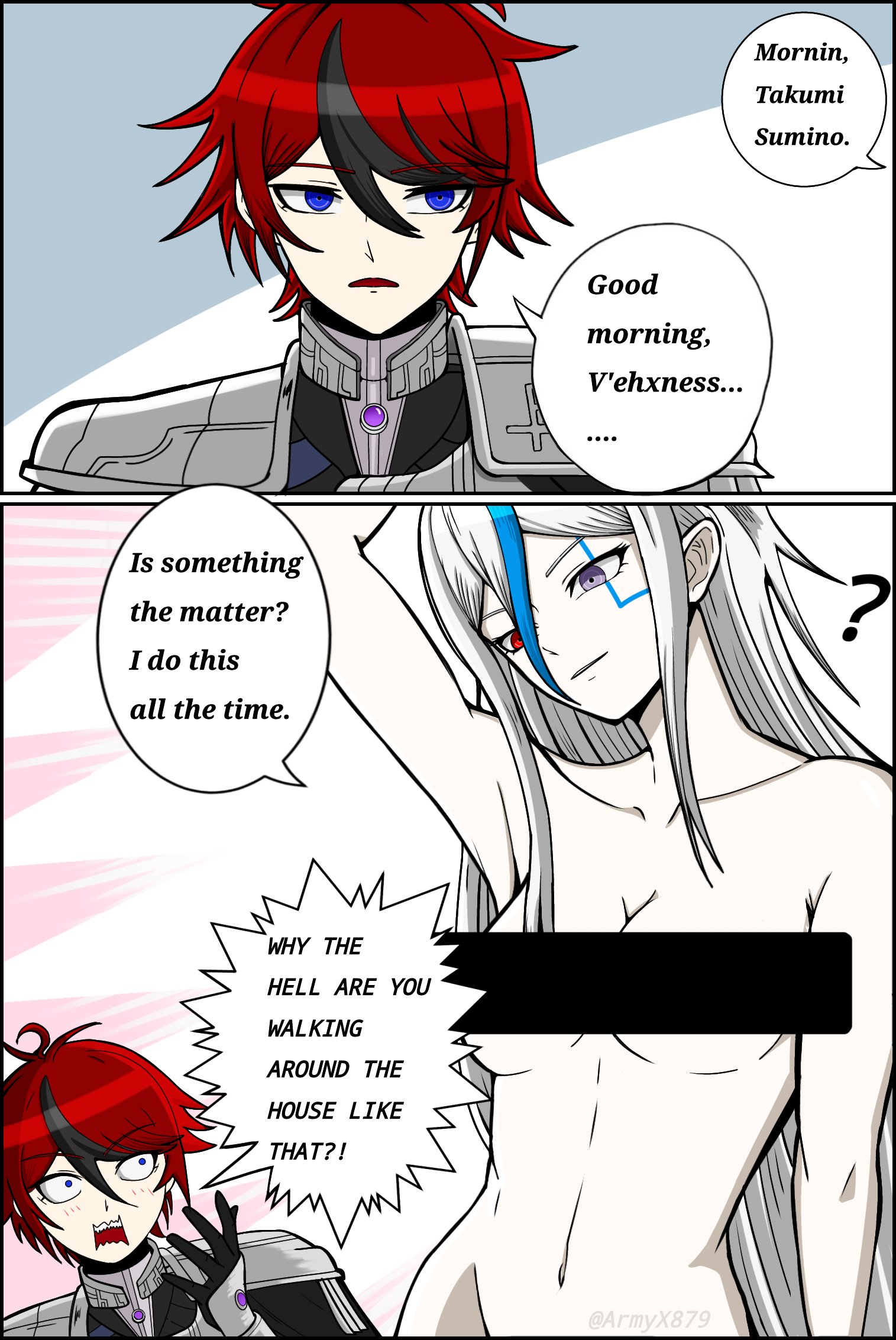 armyx879, sumino takumi, v'ehxness, the hundred line -last defense academy-, highres, 1boy, 1girl, armor, black hair, blue eyes, blue hair, bodysuit, censored, english text, heterochromia, long hair, nude, purple eyes, red eyes, red hair, short hair, shoulder armor, speech bubble, white hair