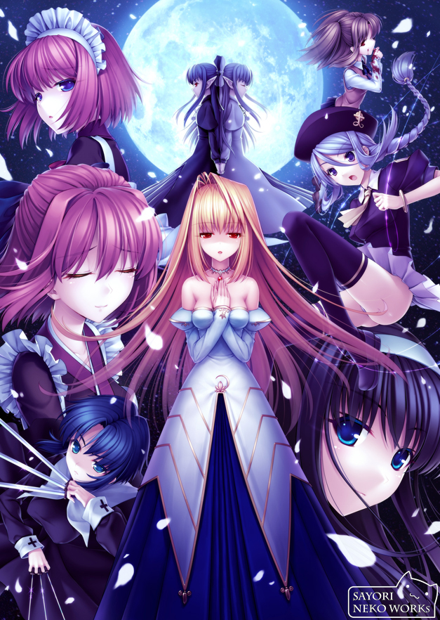 sayori (neko works), arcueid brunestud, ciel (tsukihime), hisui (tsukihime), kohaku (tsukihime), len (tsukihime), sion eltnam (type-moon), sion eltnam atlasia, tohno akiha, white len (tsukihime), yumizuka satsuki, melty blood, tsukihime, bad id, bad pixiv id, 00s, 6+girls, bare shoulders, between fingers, black keys (type-moon), blonde hair, everyone, full moon, holding, long hair, moon, multiple girls, siblings, sisters, twins