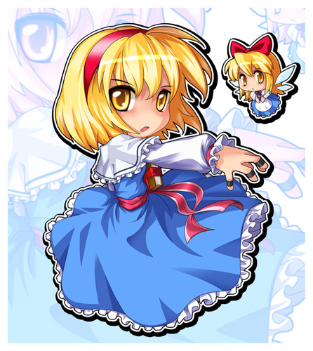 hong (white spider), alice margatroid, shanghai doll, touhou, bad id, bad pixiv id, lowres, 2girls, blonde hair, book, chibi, doll, female focus, full body, multiple girls, ribbon, short hair, solo, zoom layer