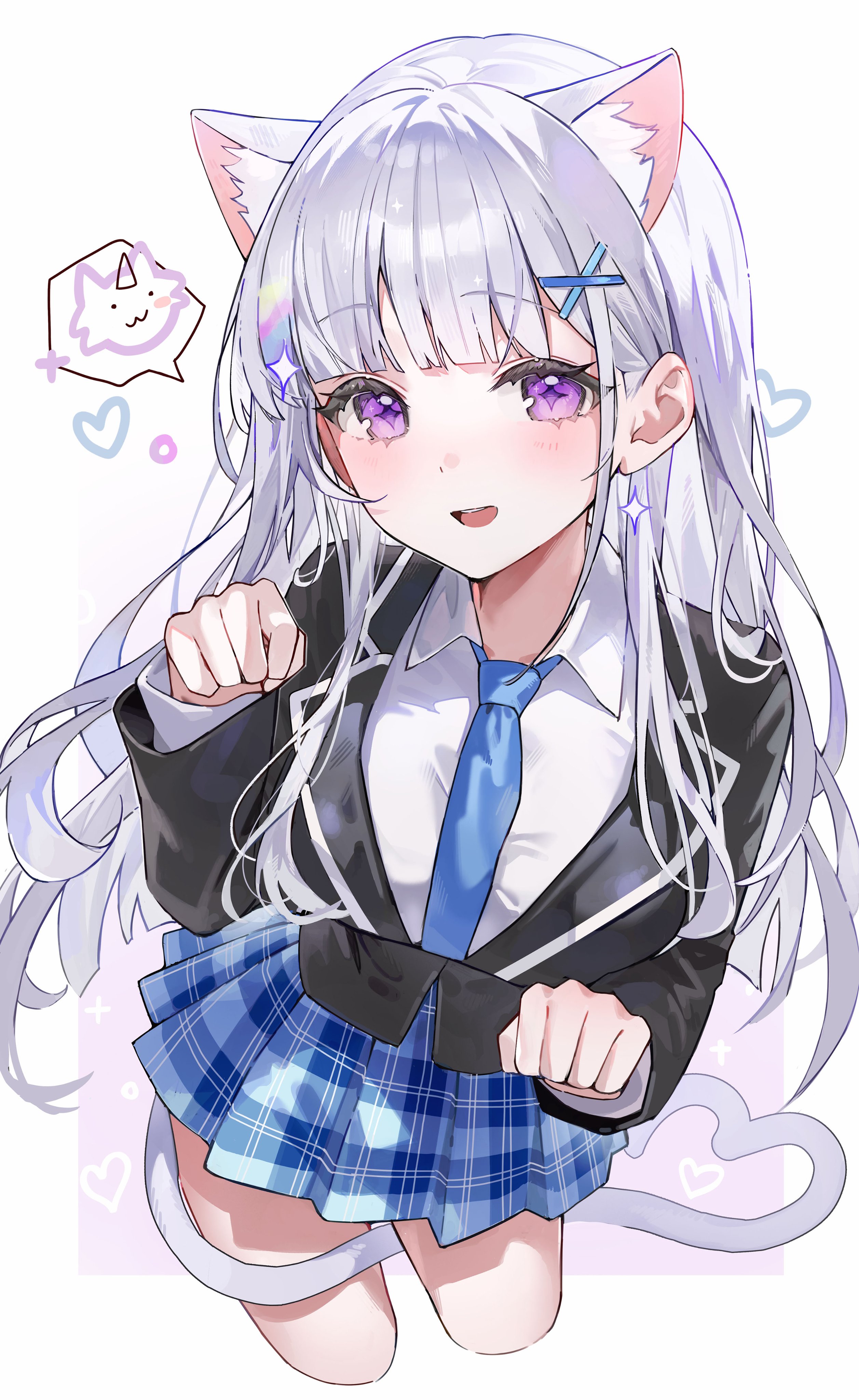 knowa, ayatsuno yuni, stellive, absurdres, commentary, highres, symbol-only commentary, 1girl, :d, animal ear fluff, animal ears, black jacket, blue necktie, blue skirt, blunt bangs, blush, border, breasts, cat ears, cat girl, cat tail, claw pose, collared shirt, cropped legs, grey hair, hair ornament, hand up, jacket, large breasts, long hair, long sleeves, looking at viewer, necktie, open mouth, outside border, plaid clothes, plaid skirt, pleated skirt, purple background, purple eyes, shirt, skirt, smile, solo, tail, virtual youtuber, white border, white shirt, x hair ornament
