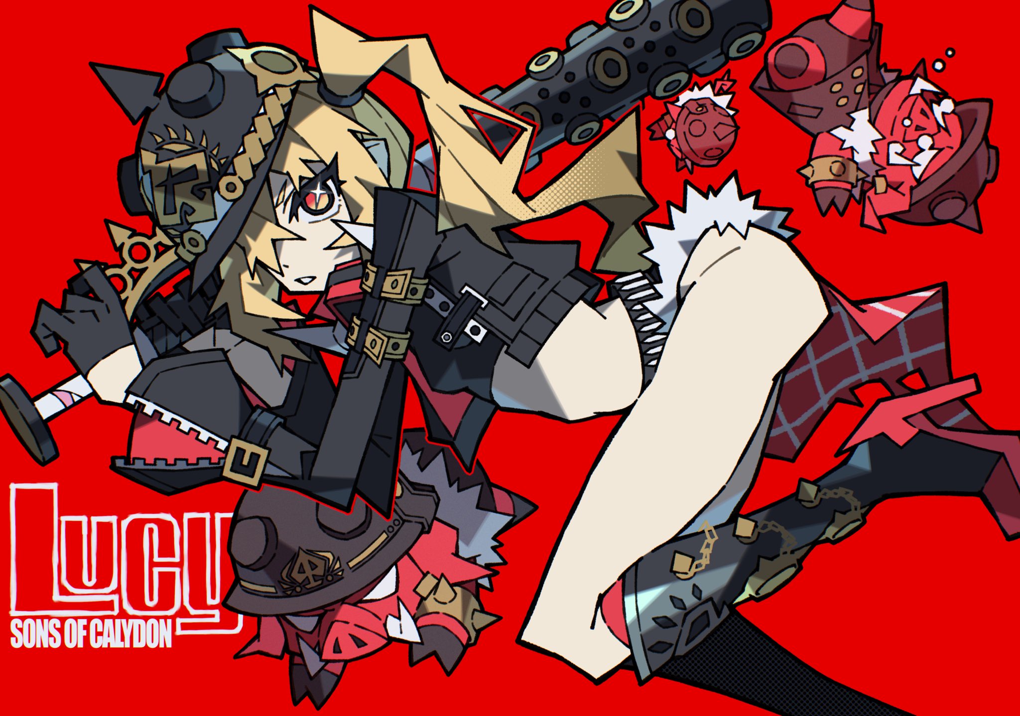 zito (zito222), luciana de montefio, zenless zone zero, highres, 1girl, baseball bat, black boots, black gloves, black helmet, black jacket, blonde hair, boar, boots, brass knuckles, character name, clothes around waist, colored skin, combat helmet, crop top, from side, fur-trimmed shorts, fur trim, gloves, half gloves, helmet, holding, holding baseball bat, jacket, looking at viewer, lucy's crew (zenless zone zero), mask, mask around neck, metal baseball bat, micro shorts, pickelhaube, pig, piglet, red background, red skin, respirator, shorts, side ponytail, sparkle, sparkling eyes, spiked boots, spiked jacket, tears, teeth, thighs, weapon