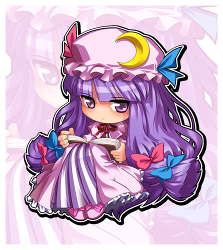 hong (white spider), patchouli knowledge, touhou, bad id, bad pixiv id, lowres, 1girl, book, bow, chibi, female focus, hat, long hair, pink bow, purple hair, ribbon, solo