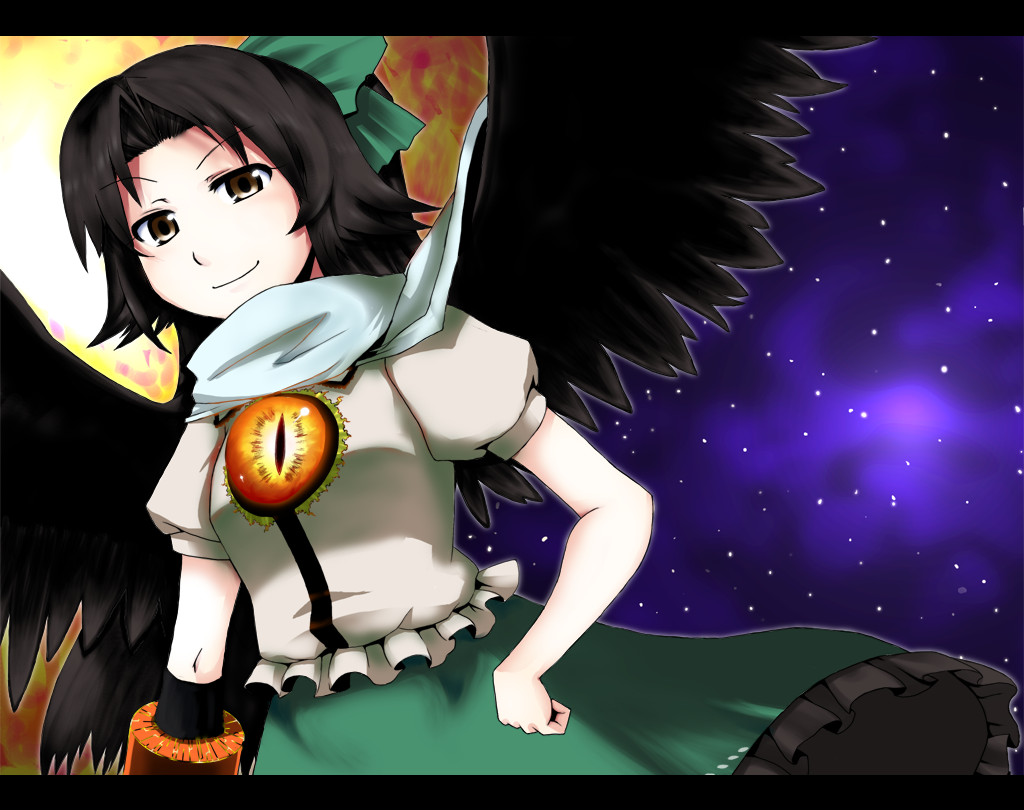 oyaji-sou, reiuji utsuho, touhou, bad id, bad pixiv id, 1girl, black hair, brown eyes, female focus, hand on own hip, letterboxed, long hair, looking at viewer, ribbon, scarf, smile, solo, wings