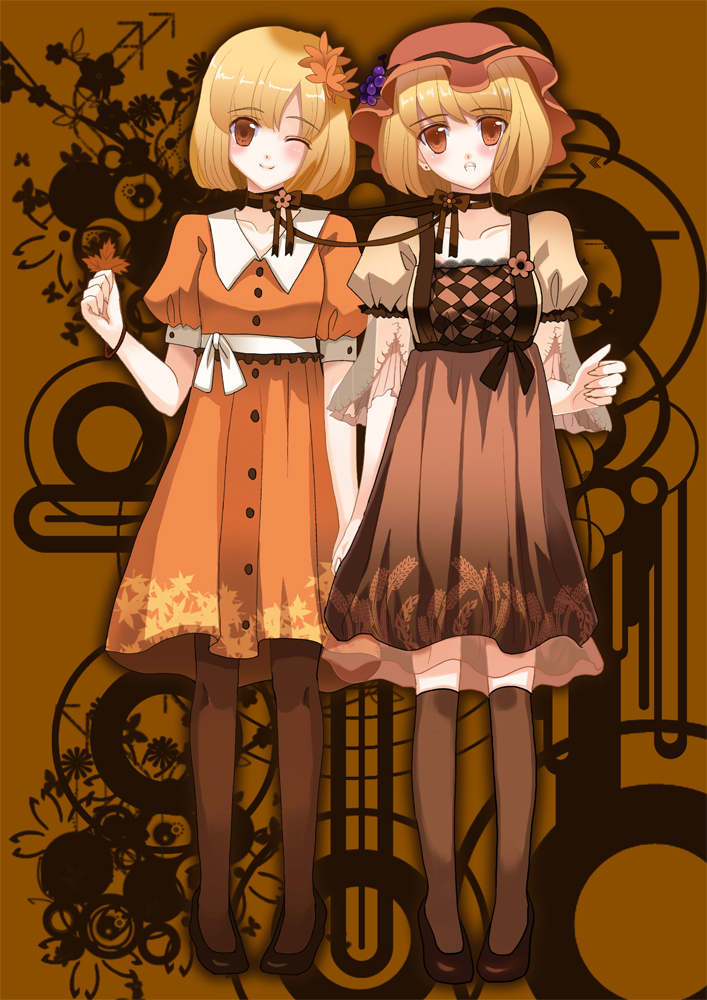 aprilred, aki minoriko, aki shizuha, touhou, 2girls, blonde hair, brown eyes, brown hair, choker, female focus, hair ornament, hat, leaf, leaf hair ornament, multiple girls, one eye closed, pantyhose, ribbon, short hair, siblings, sisters, wink