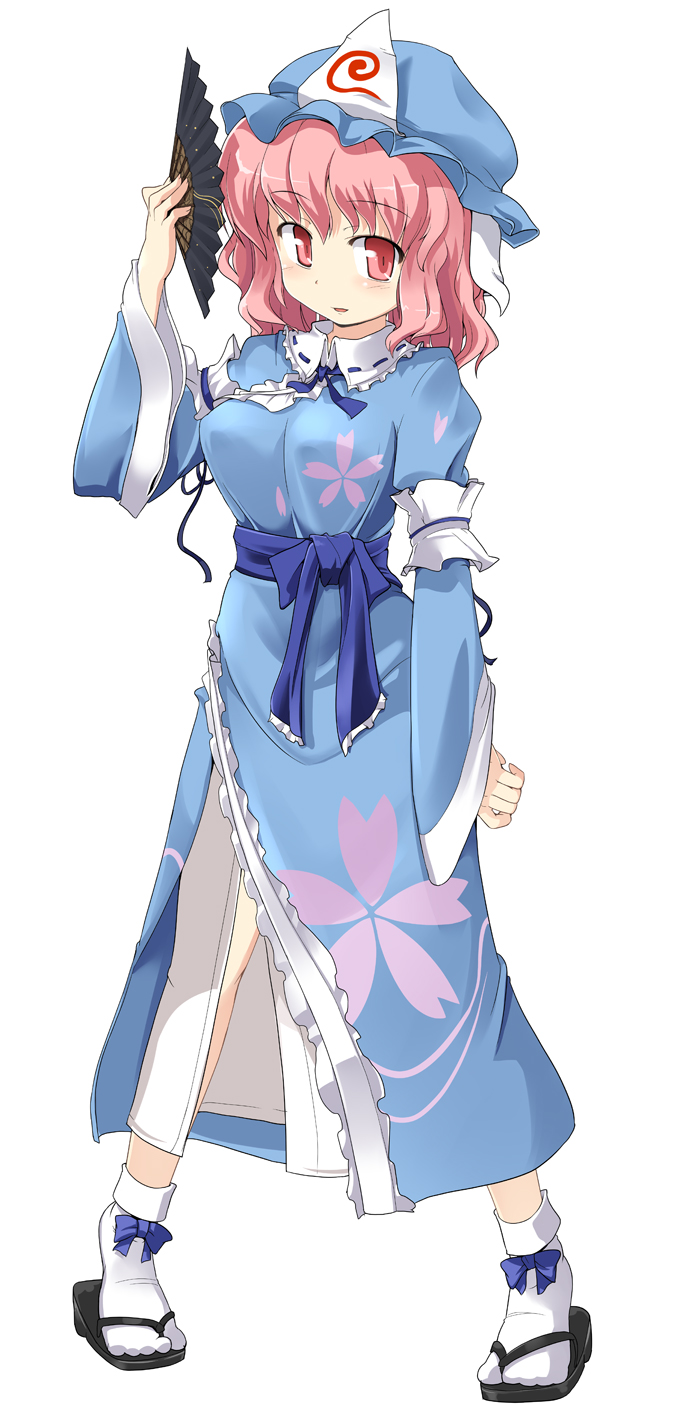 mamo williams, saigyouji yuyuko, touhou, highres, long image, tall image, 1girl, breasts, female focus, folding fan, hand fan, hat, holding, holding fan, japanese clothes, pink eyes, pink hair, sandals, simple background, socks, solo, standing, zouri