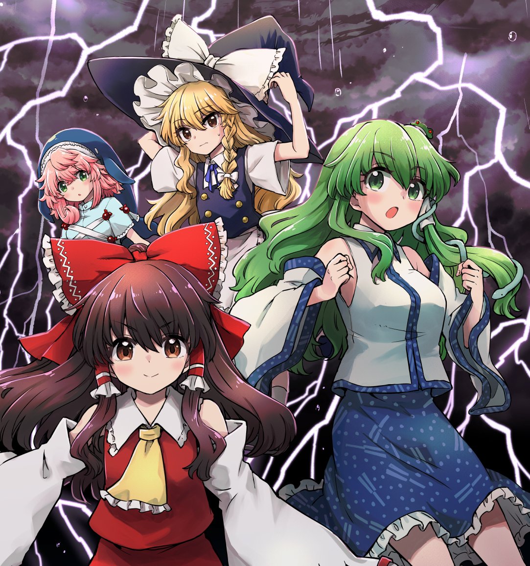 mizumoto tadashi, hakurei reimu, kirisame marisa, kochiya sanae, okunoda miyoi, touhou, commentary request, 4girls, :o, animal hat, apron, aqua shirt, ascot, bare shoulders, black hat, black vest, blonde hair, blue skirt, bow, brown eyes, brown hair, cloud, collared shirt, detached sleeves, frilled bow, frilled hair tubes, frilled shirt collar, frills, frog hair ornament, green eyes, green hair, hair bow, hair ornament, hair tubes, hat, lightning, long hair, long sleeves, looking at viewer, medium hair, multiple girls, neck ribbon, pink hair, purple ribbon, rain, red bow, red shirt, red skirt, ribbon, shirt, short sleeves, single hair tube, skirt, sleeveless, sleeveless shirt, smile, snake hair ornament, vest, waist apron, white apron, white shirt, white sleeves, wide sleeves, witch hat, yellow ascot, yellow eyes