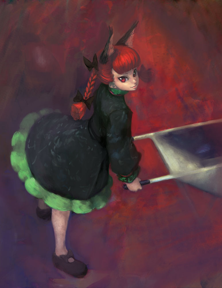 binayu, kaenbyou rin, touhou, 1girl, animal ears, braid, cat ears, cat girl, female focus, full body, gradient background, solo, standing, twin braids, twintails
