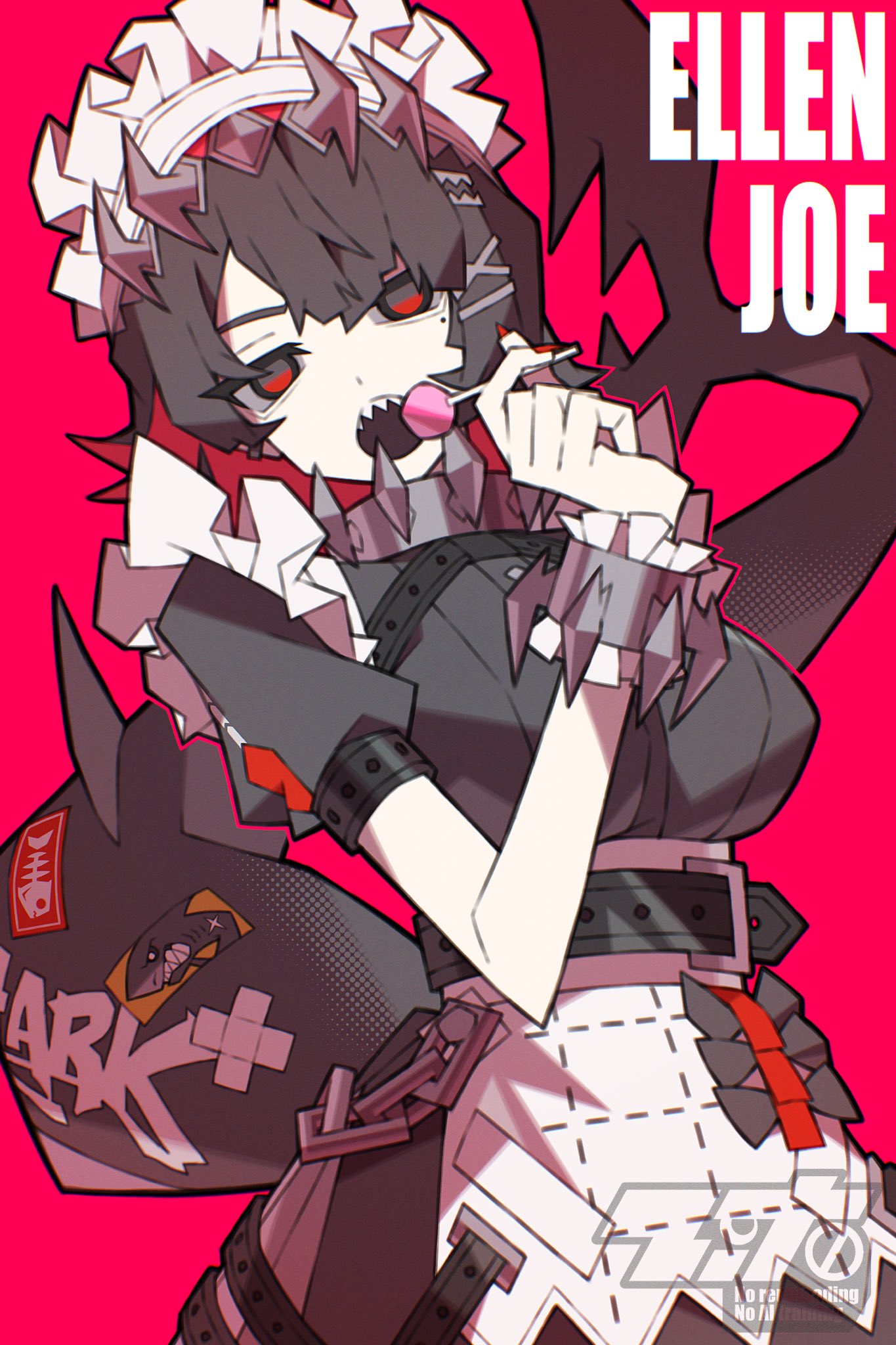 zito (zito222), ellen joe, zenless zone zero, highres, 1girl, belt, black bow, black hair, bow, candy, chain, character name, colored inner hair, fins, fish tail, food, frilled wristband, hairband, holding, holding candy, holding food, holding lollipop, lollipop, looking at viewer, maid, maid headdress, metal hairband, mole, mole under eye, multicolored hair, no pupils, open mouth, razor blade hair ornament, red background, red nails, scar, scar on tail, shark girl, shark tail, sharp teeth, short hair, solo, spiked headband, standing, sticker, tail, teeth, upper teeth only